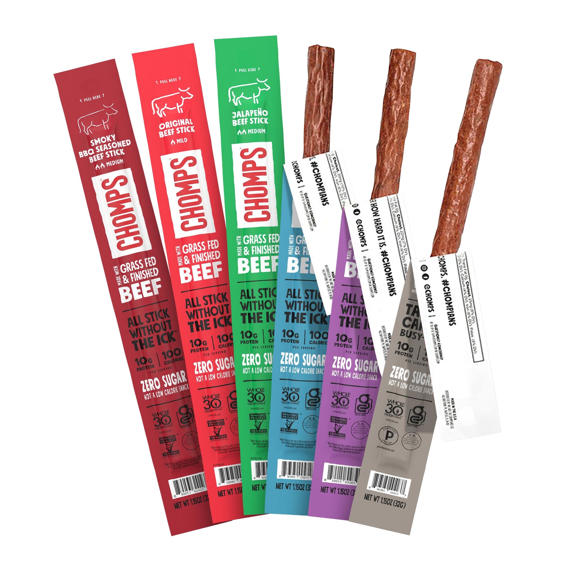Chomps 6 Flavor Variety Trial Pack - Grass-Fed & Finished Beef And Venison  Keto  Paleo  Low Carb  Whole30 Approved  Gluten Free  Zero Sugar Food