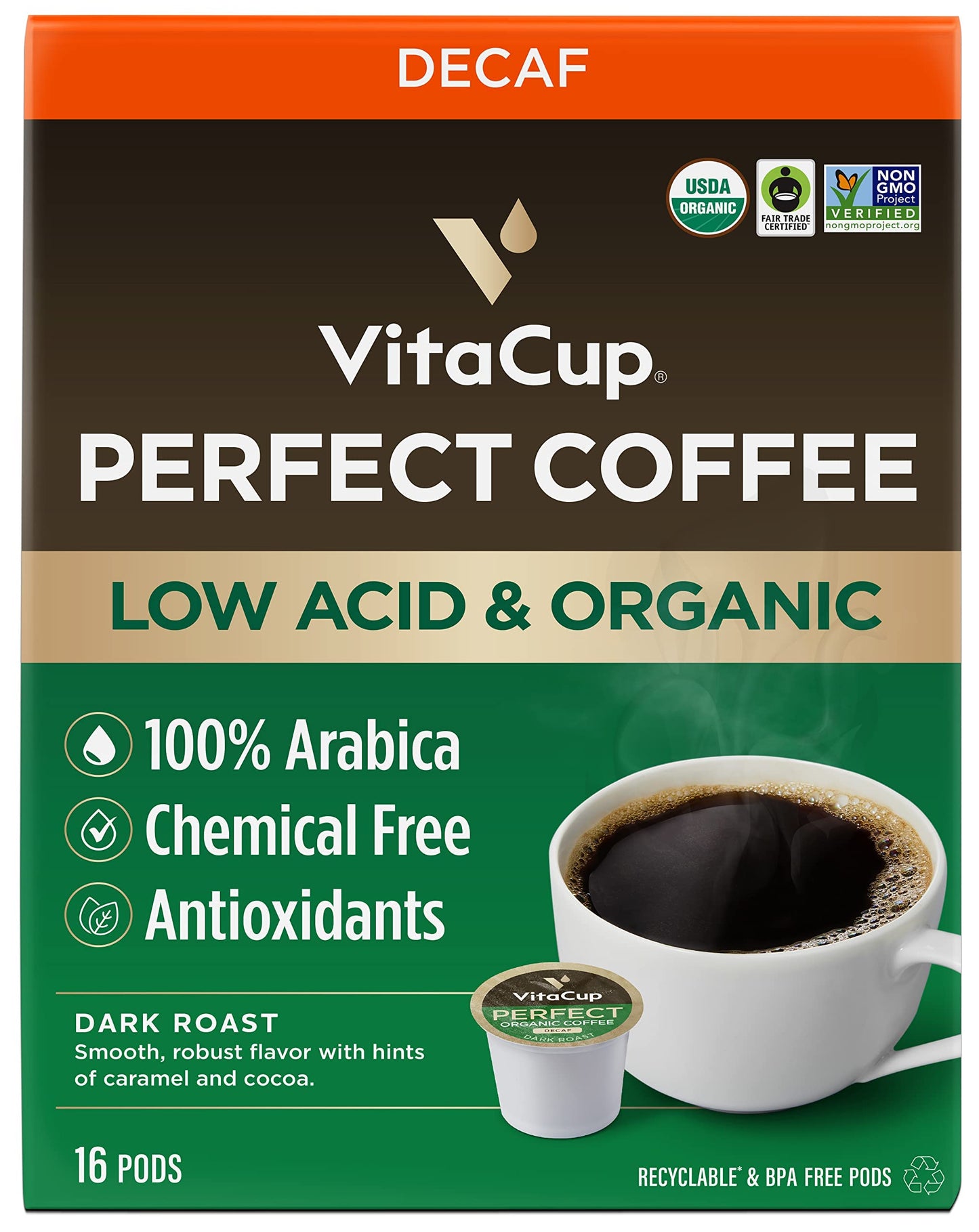 VitaCup Organic Perfect Dark Roast Decaf Coffee Pod for Pure & Clean Energy  Antioxidants  Low Acid  Guatemala Single Origin in Recyclable Single Serve Pod compatible w/Keurig K-Cup malt-inspired 16CT