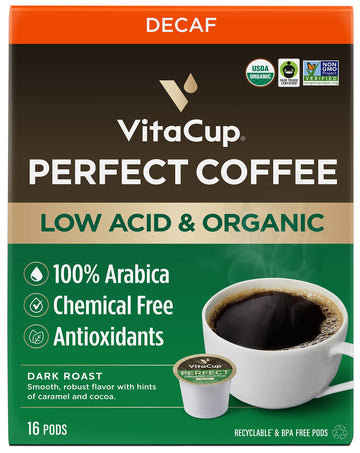 VitaCup Organic Perfect Dark Roast Decaf Coffee Pod for Pure & Clean Energy  Antioxidants  Low Acid  Guatemala Single Origin in Recyclable Single Serve Pod compatible w/Keurig K-Cup malt-inspired 16CT