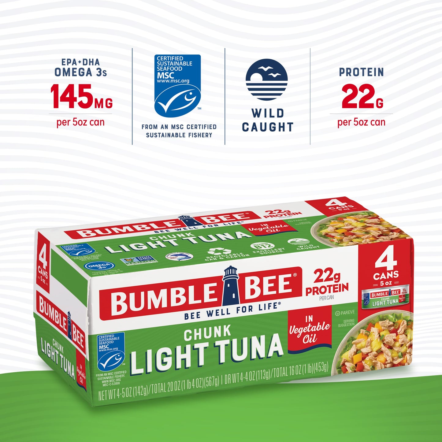 Bumble Bee Chunk Light Tuna in Oil, 5 oz Cans, Wild Caught Skipjack, Pack of 4, MSC Certified, Non-GMO, Gluten Free, Kosher