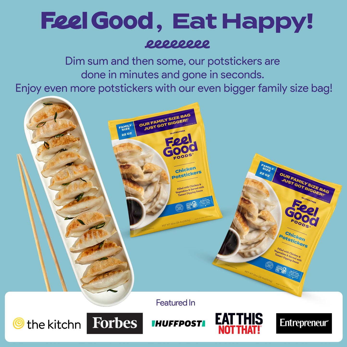 Feel Good Foods Chicken Potstickers - Family Size Gluten Free Dumplings with Umami Tamari Dipping Sauce, 22oz (Frozen)