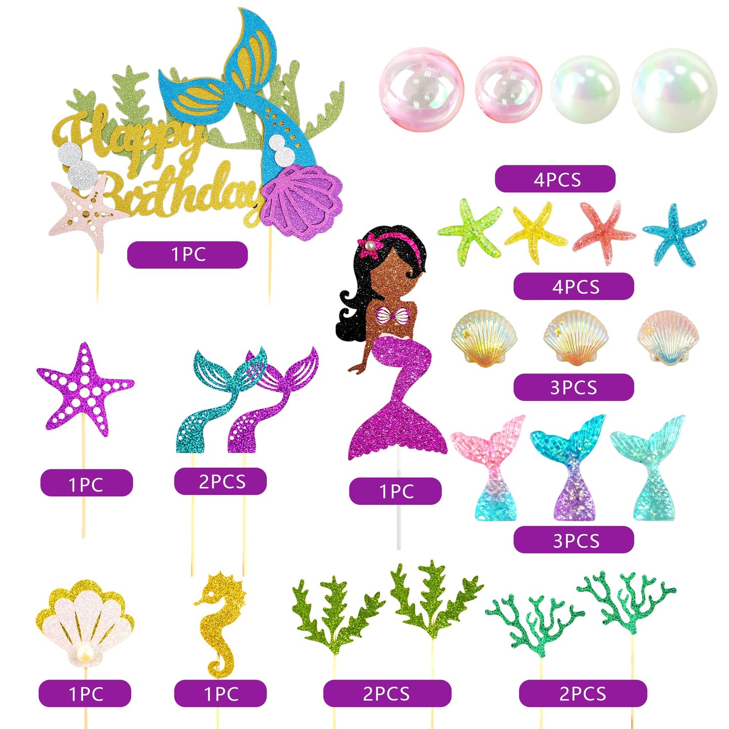 25 Pcs Glitter Mermaid Theme Birthday Cake Topper Under The Sea Party Supplies Cake Decoration Cupcake Toppers Mermaid Tail Star