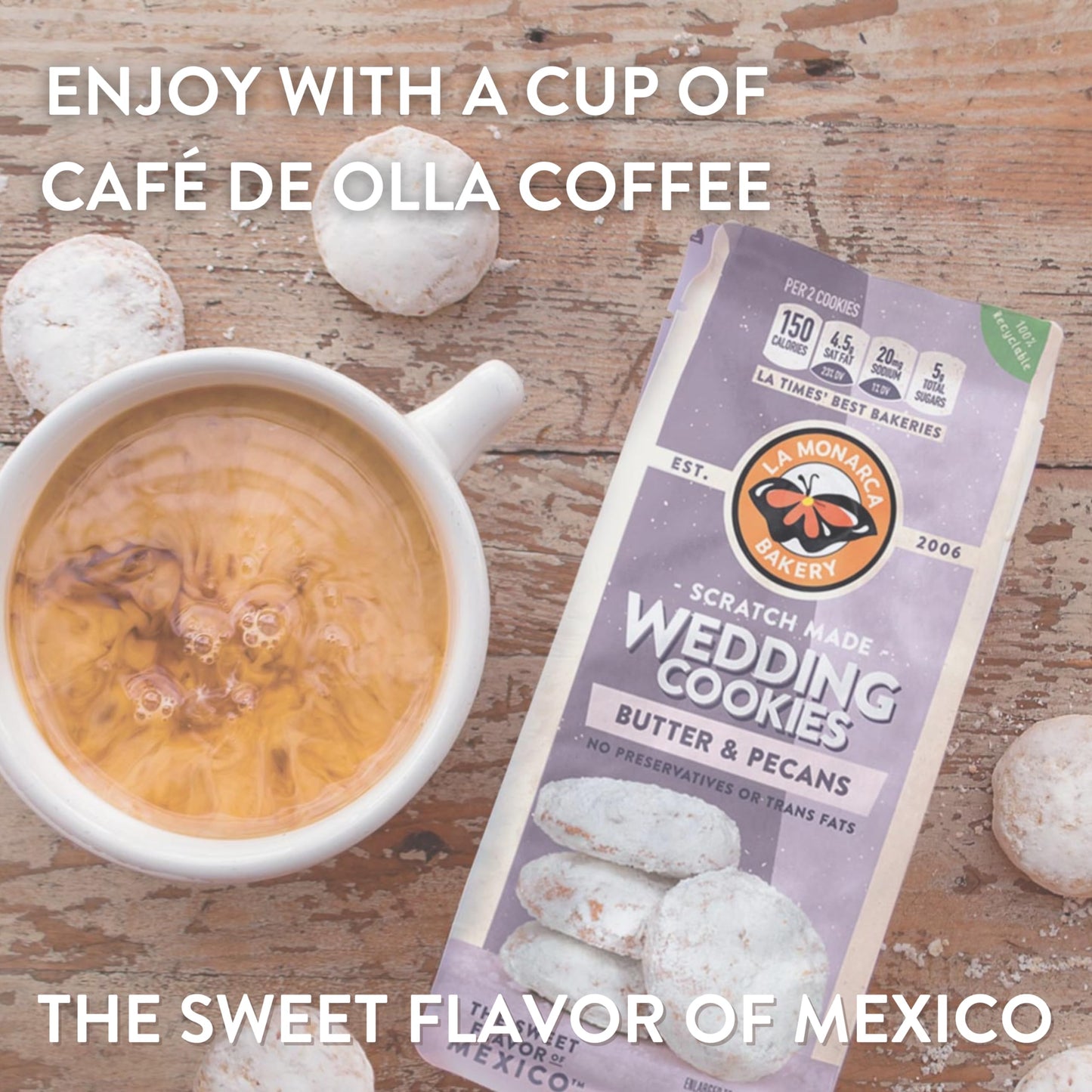 Mexican Wedding Cookies, 6 Ounce (Pack Of 3), Buttery Cookies With Pecans And Dusted With Powdered Sugar By La Monarca Bakery