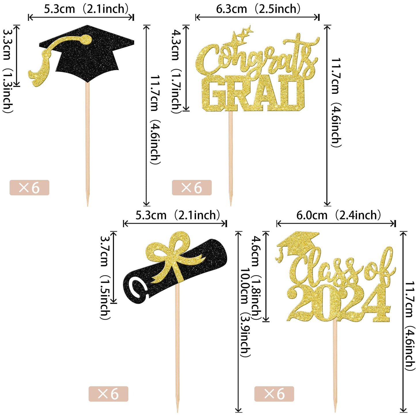 24 Pcs 2024 Graduation Cupcake Toppers Glitter Class Of 2024 Diploma Congrats Grad Cap Cupcake Picks 2024 Graduation Theme Party
