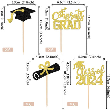 24 Pcs 2024 Graduation Cupcake Toppers Glitter Class Of 2024 Diploma Congrats Grad Cap Cupcake Picks 2024 Graduation Theme Party