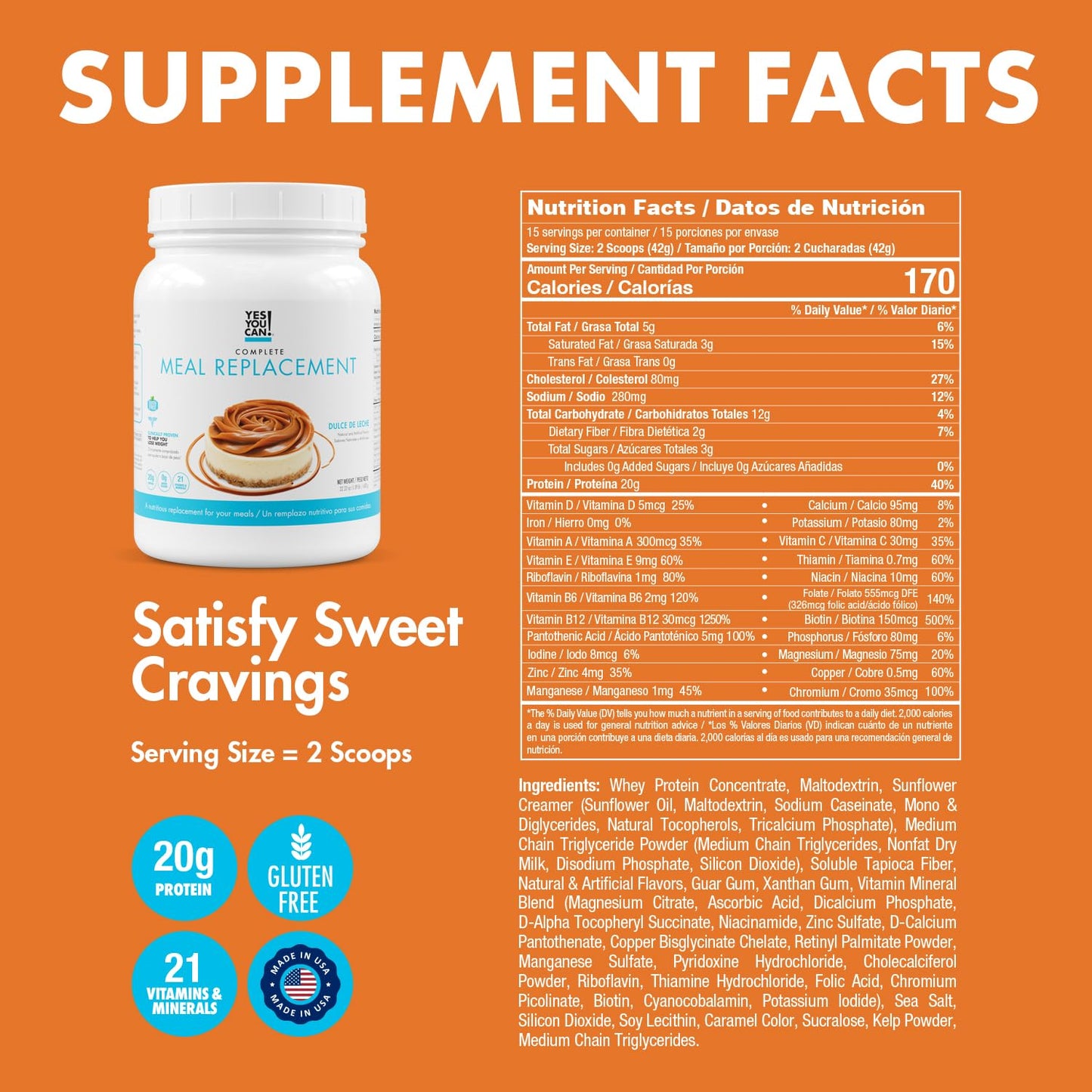 Yes You Can! Complete Meal Replacement Shake - 15 Servings, 20g Protein, 0g Added Sugars, Dulce De Leche Flavor