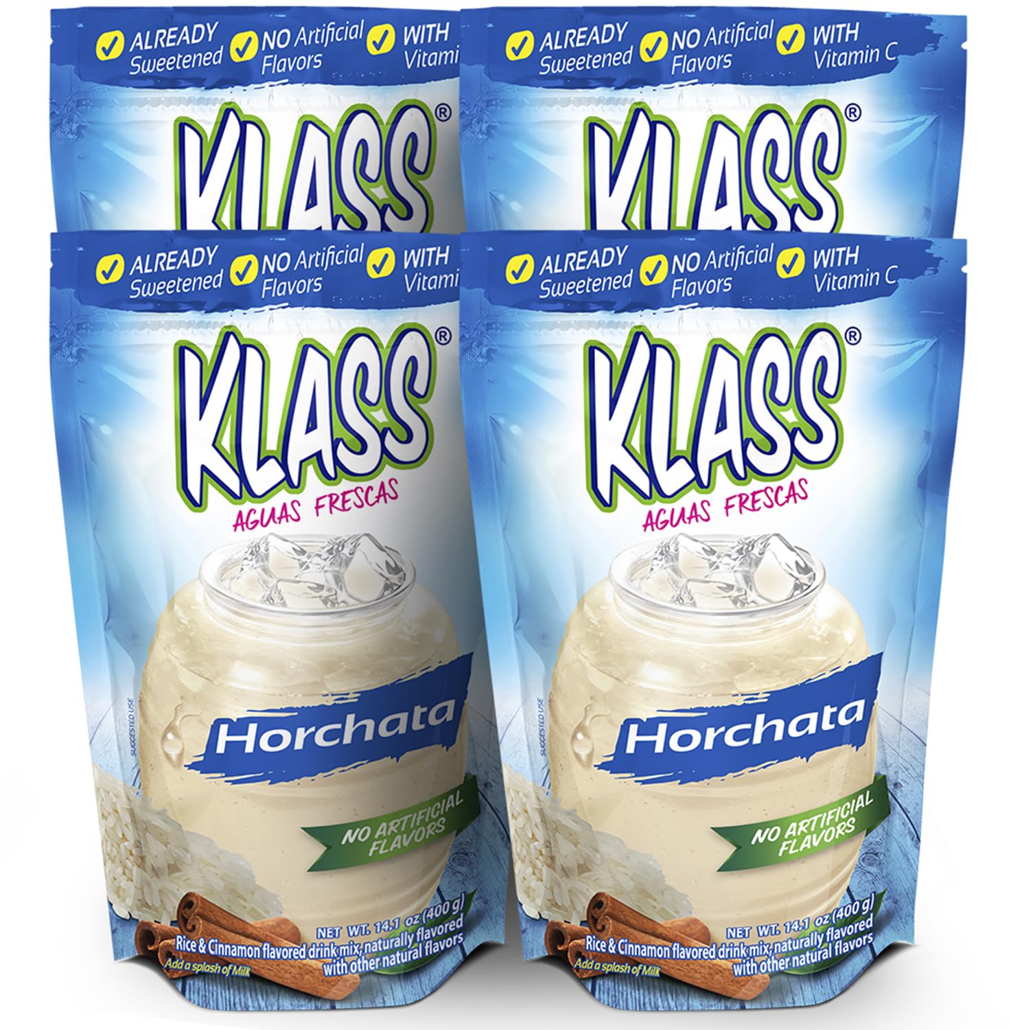 Klass Aguas Frescas | Drink Mix | Horchata | Flavors From Natural Sources, No Artificial Flavors, With Vitamin C (Makes 7 To 9 Quarts) 14.1 Oz Family Pack (4-Pack)