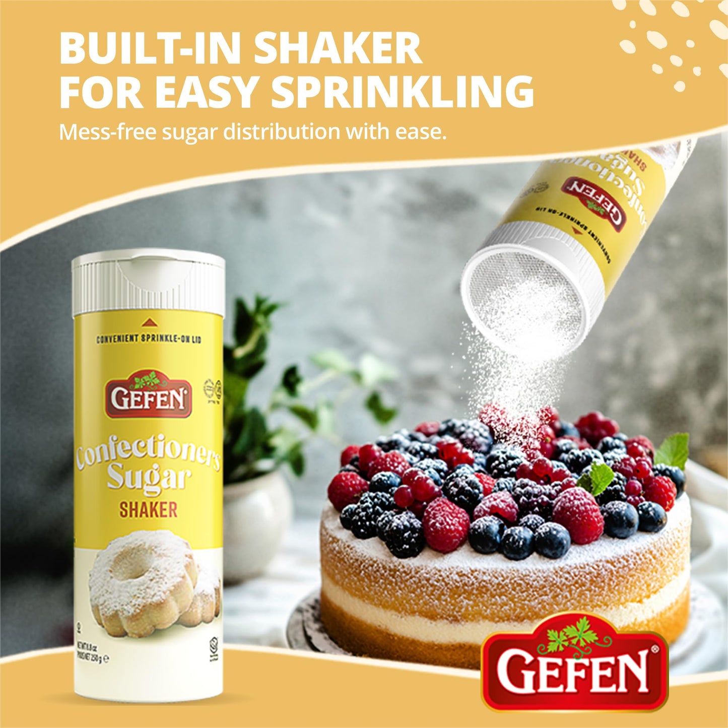 Gefen Confectioners Sugar Shaker, Powdered Sugar, Corn Free, Gluten Free, 8.8oz (2 Pack)