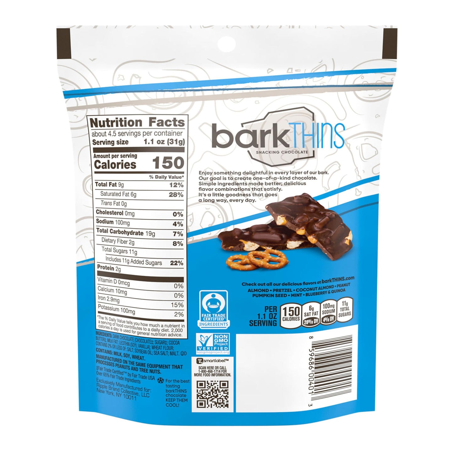 Barkthins Dark Chocolate, Pretzel And Sea Salt Snacking Chocolate Bag, 4.7 Oz