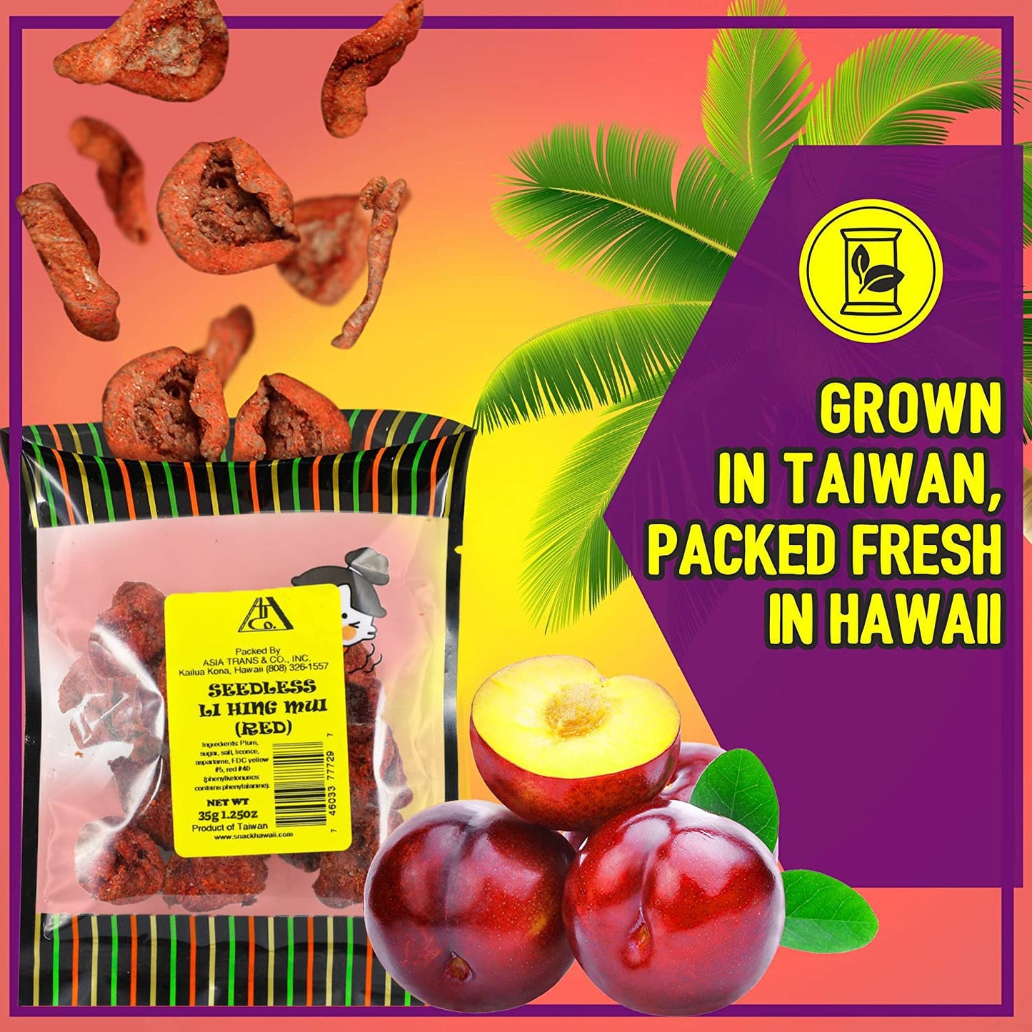 Snack Hawaii Seedless Red Li Hing Mui   Seed Plums - Sweet, Sour & Salty Dried Asian Plum Candy - 1.25 Ounce