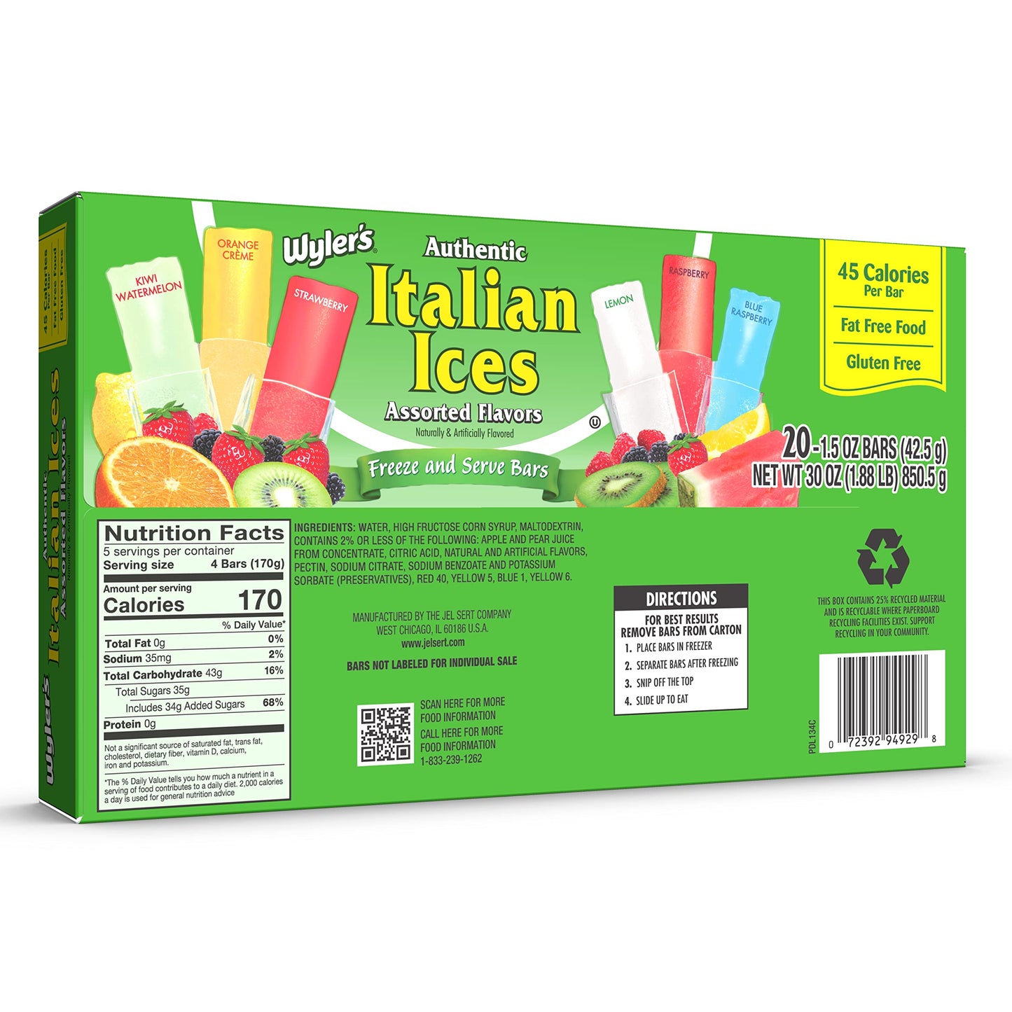 Wylers Authentic Italian Ice Fat Free Freezer Bars Original Flavors 1.5oz bars, 20 count