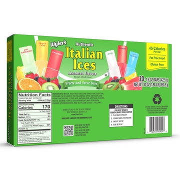 Wylers Authentic Italian Ice Fat Free Freezer Bars Original Flavors 1.5oz bars, 20 count