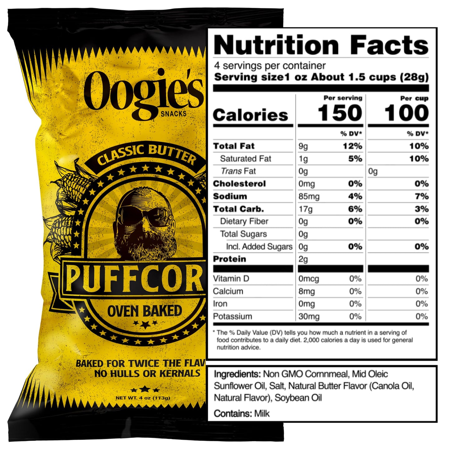 Oogies Gourmet Puffcorn 4 Pack - Classic Butter & Simply Sea Salt, Gluten Free, 4 Ounce Bags