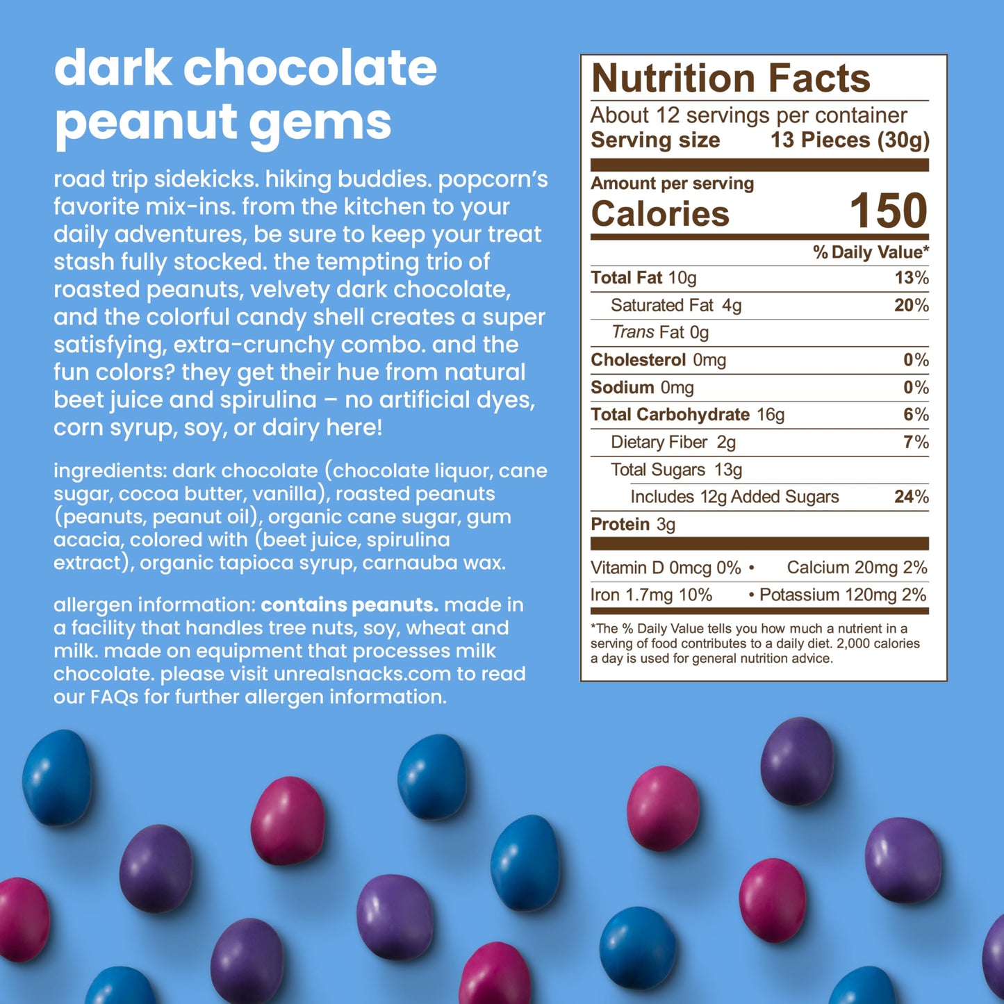 Unreal Dark Chocolate Peanut Gems | Vegan with Colors from Nature | Fair Trade, Non-GMO, Gluten Free Ingredients | No Sugar Alco