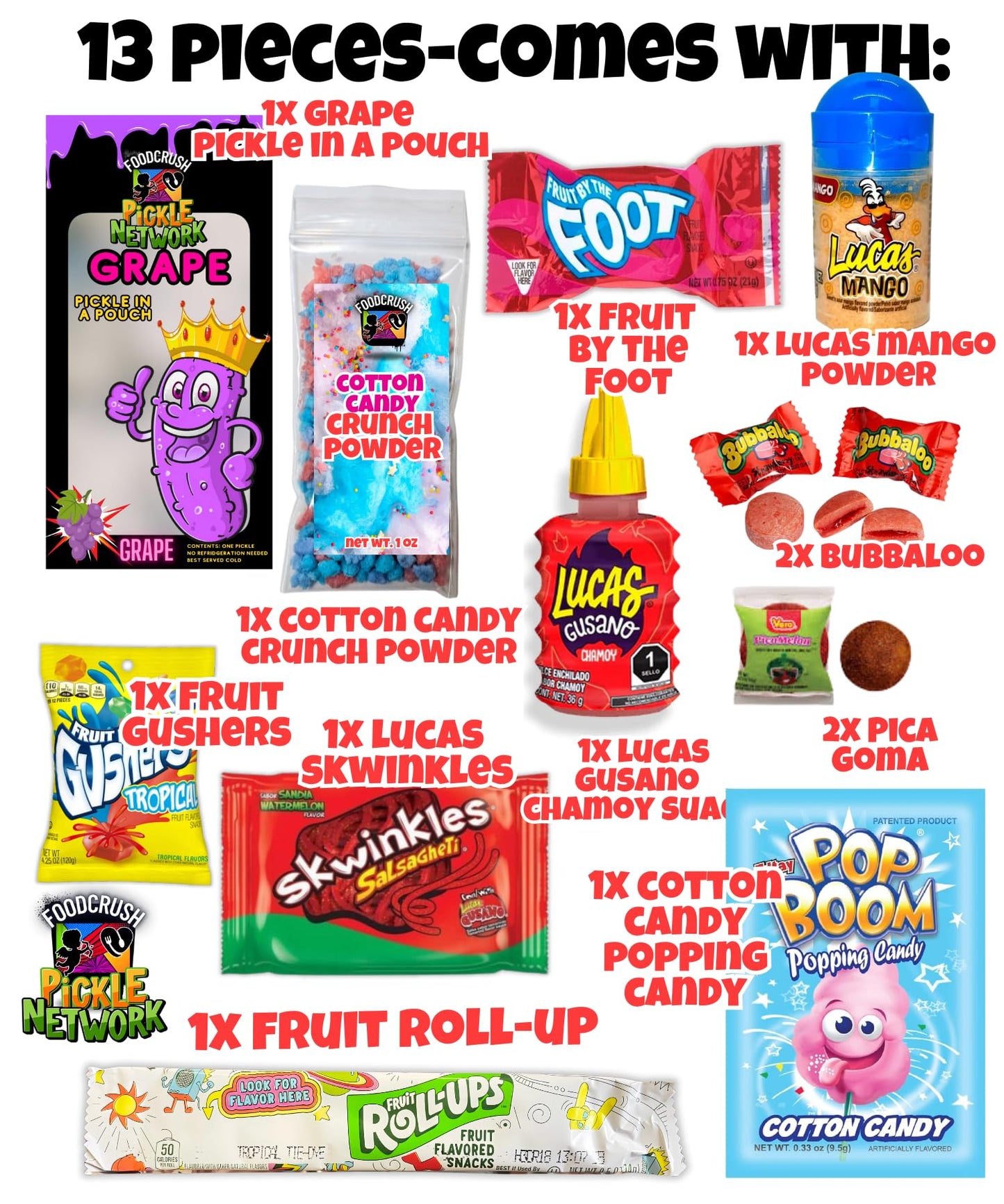 Food Crush G  Pickle Kit - Candy Gift Pouch with Fruit Roll-Ups, Skwinkles, Salsagheti, Lucas Chamoy Sauce, Mexican Candy Variety Pack