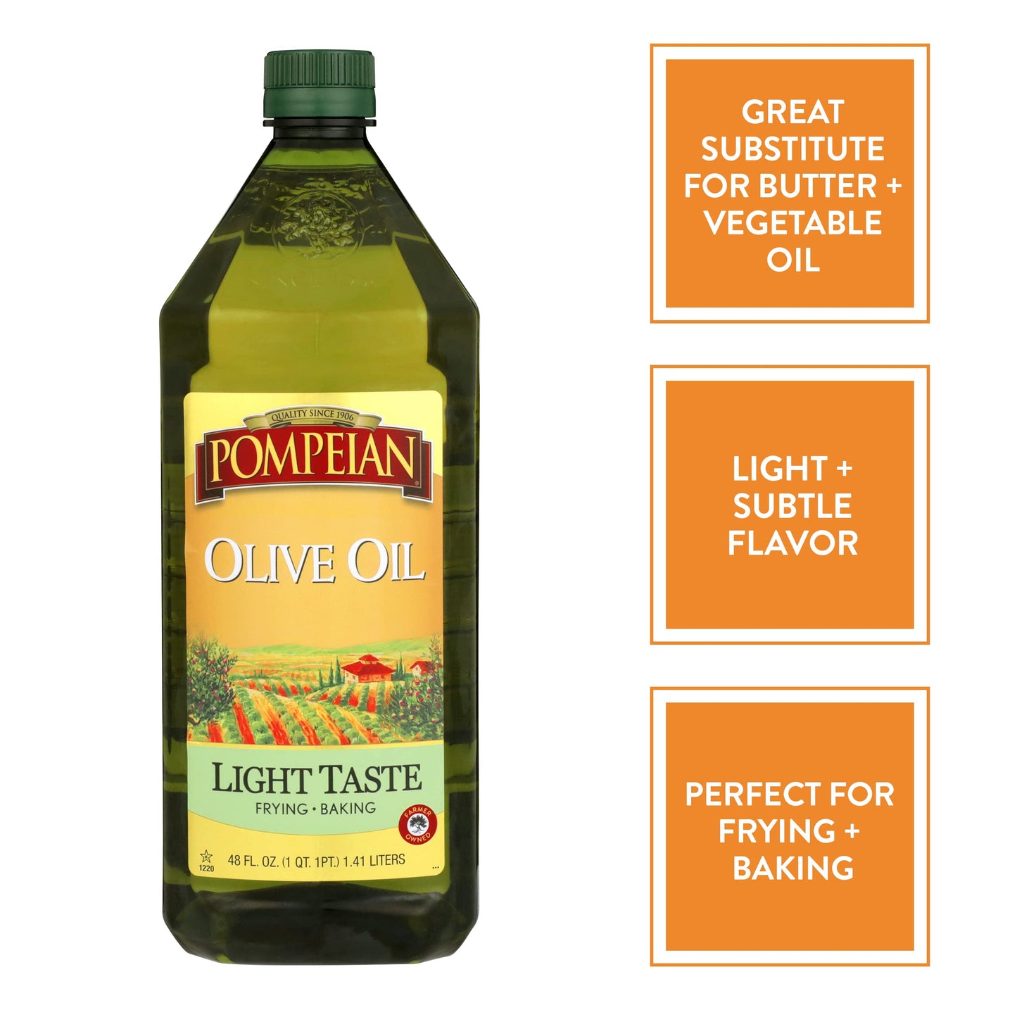 Pompeian Light Taste Olive Oil, Subtle Flavor, Perfect For Frying & Baking, Naturally Gluten Free, Non-Allergenic, Non-Gmo, 48 Fl. Oz.
