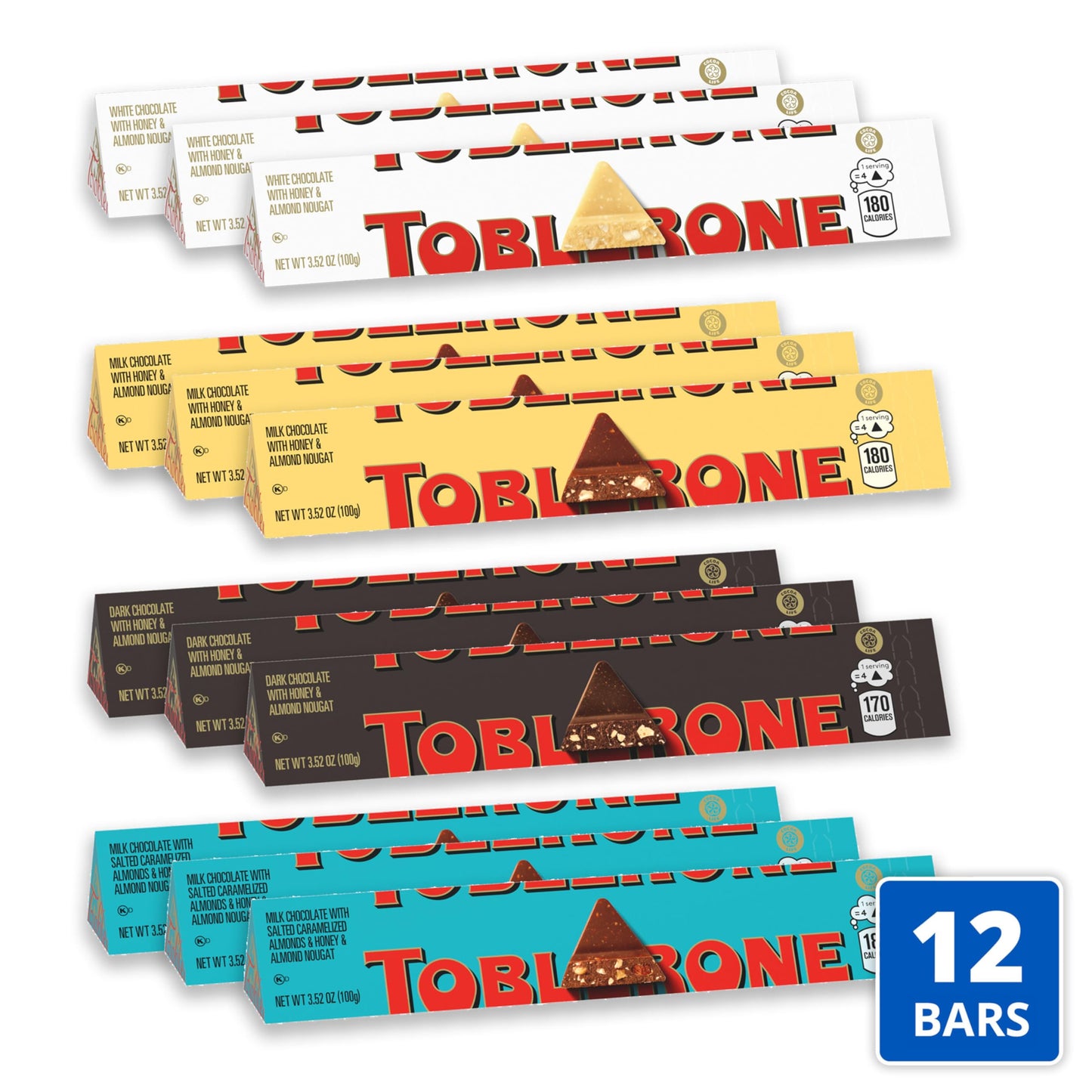 Toblerone Chocolate Variety Pack (Milk Chocolate, Dark Chocolate, White Chocolate, & Milk Chocolate With Salted Caramelized Almonds), Easter Chocolate, 12 - 3.52 Oz Bars