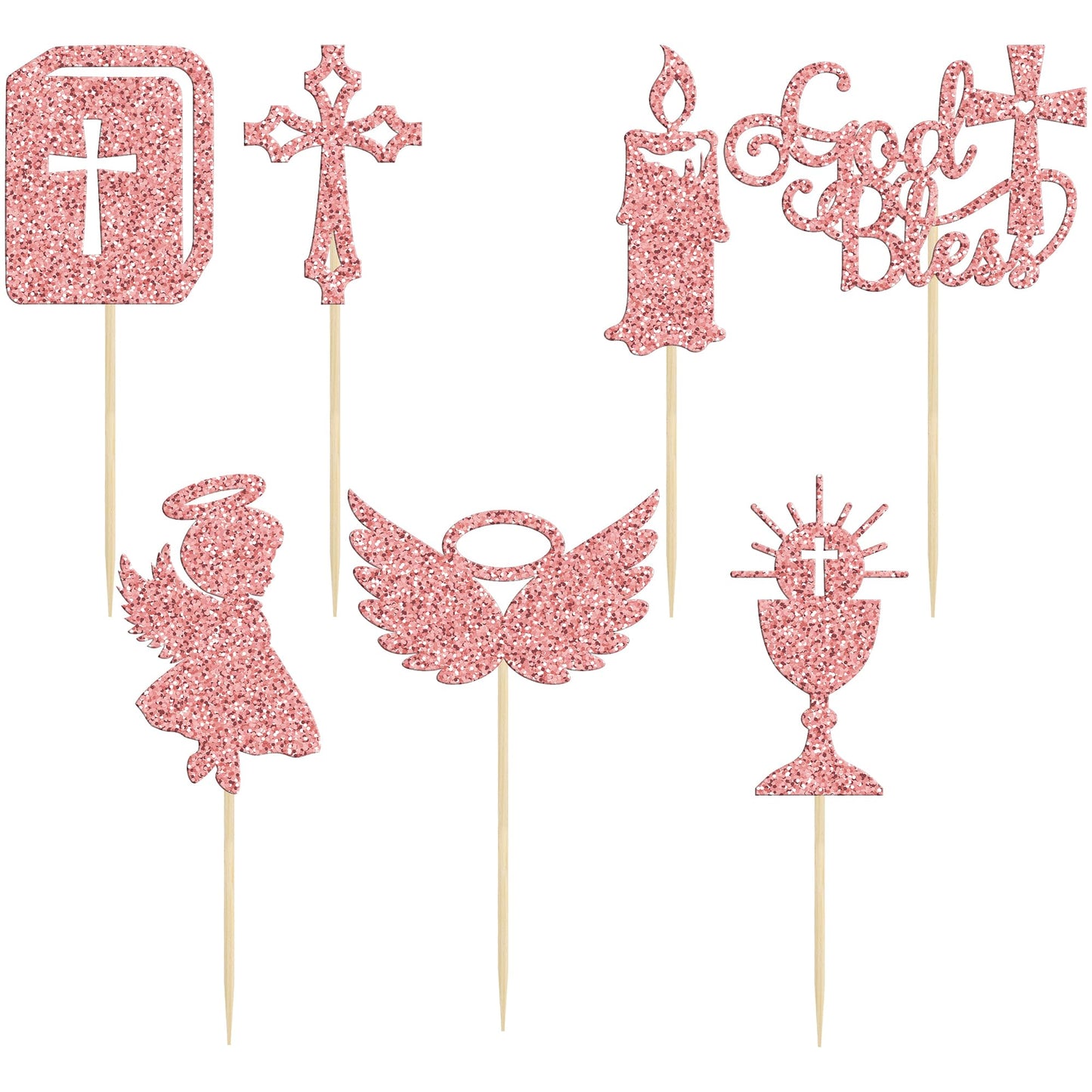 Gyufise 28Pcs God Bless Cupcake Toppers Rose Gold Glitter Girls Baptism Cupcake Toppers Angel Chalice Bible Cross Cake Decoratio