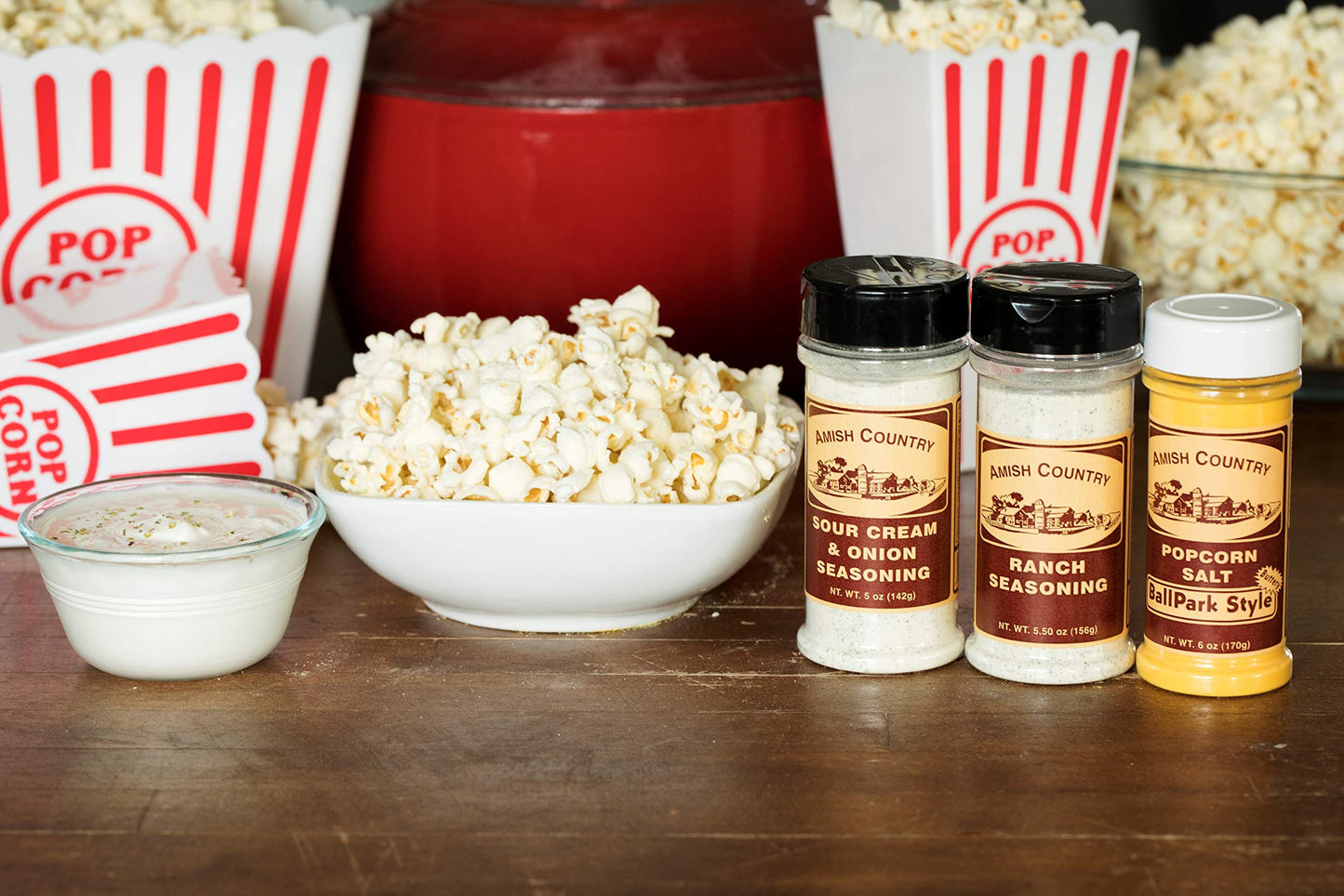 Amish Country Popcorn | Seasoning Variety Pack | Ballpark Style ButterSalt - 5.5 oz, Ranch - 5.5 oz & Sour Cream and Onion - 4.7