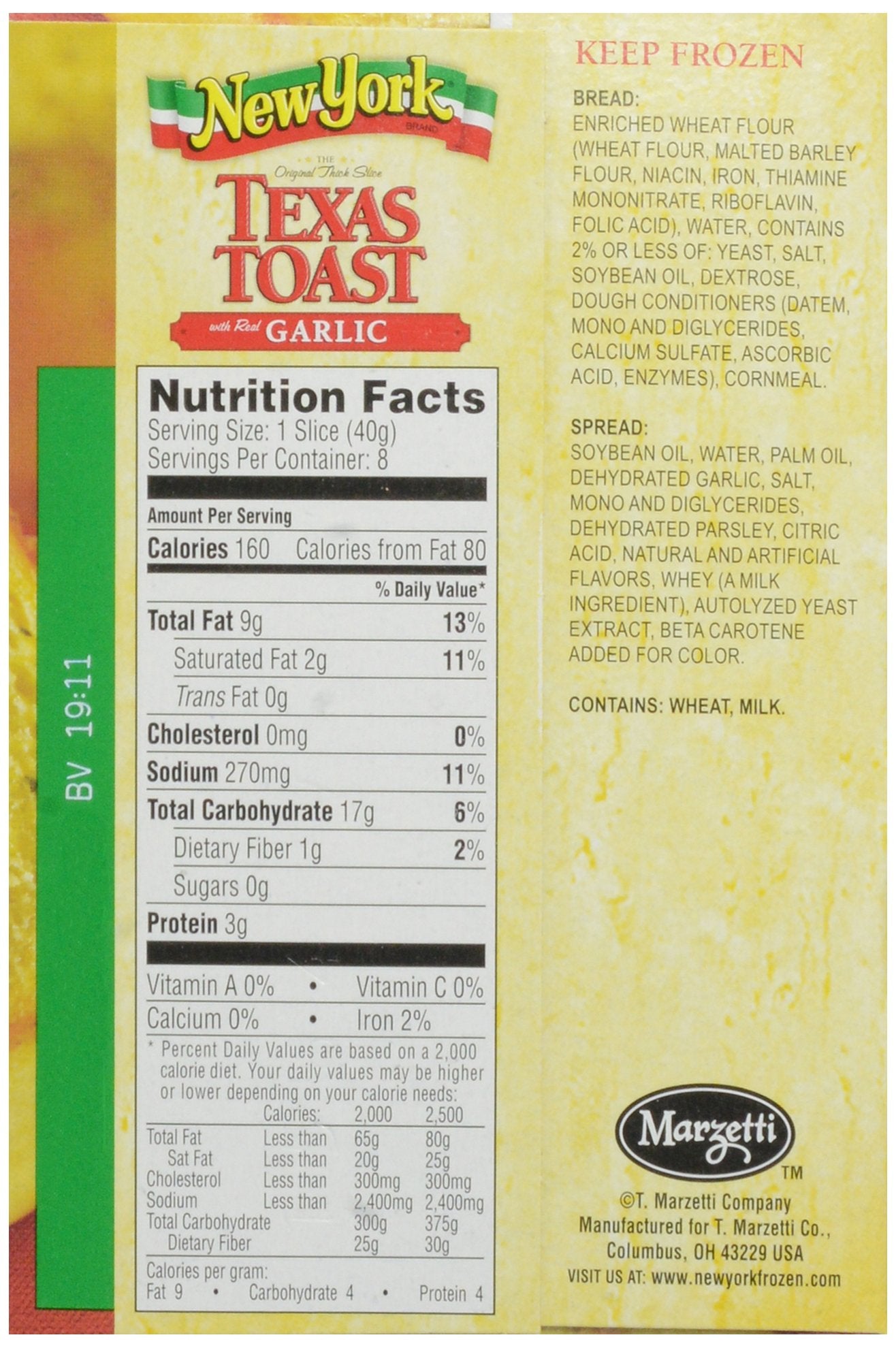 New York Bakery The Original Texas Toast With Real Garlic, 8 Slices, 11.25 Ounce Box (Frozen)