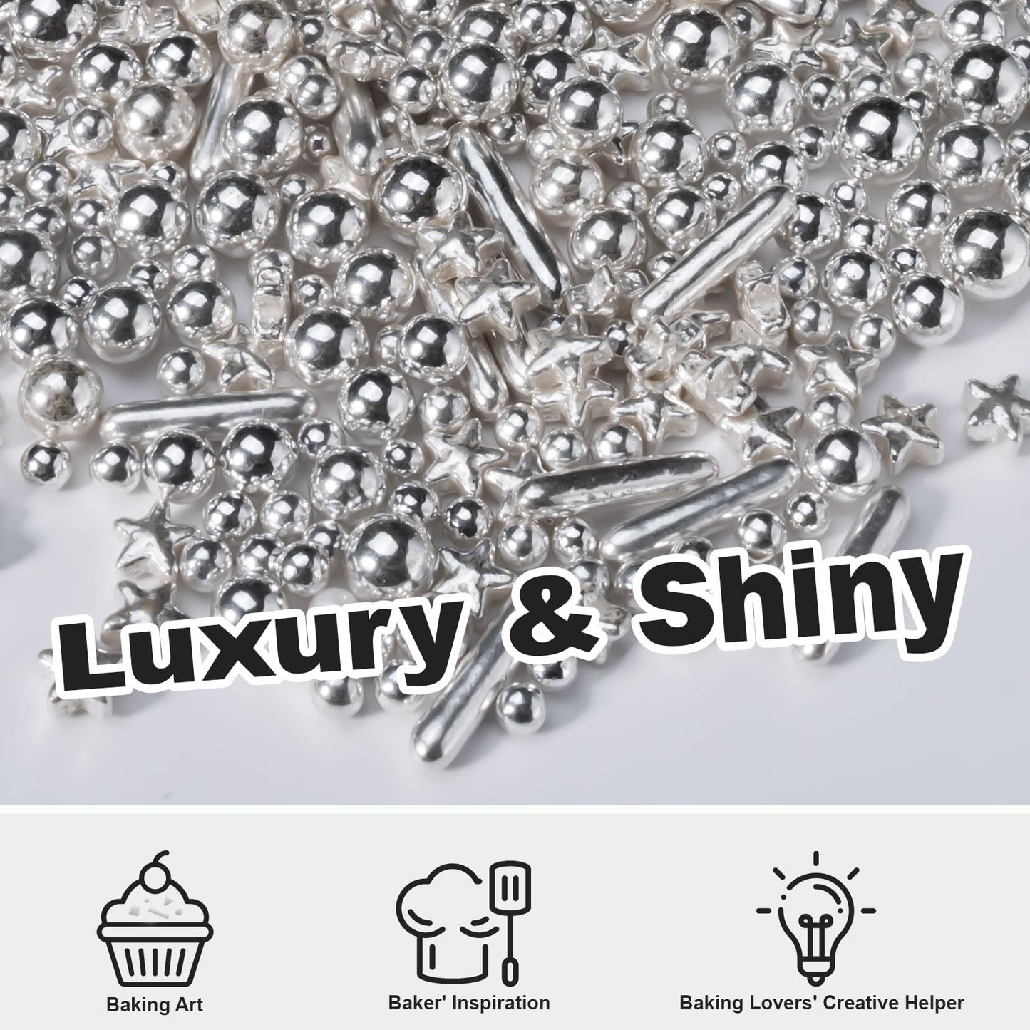 Huebeaty 6-in-1 Metallic Silver Cake Pearls Sprinkles, 180g - Silver Galaxy Star Sprinkles for Cake, Cupcakes, Cookies, Ice Cream