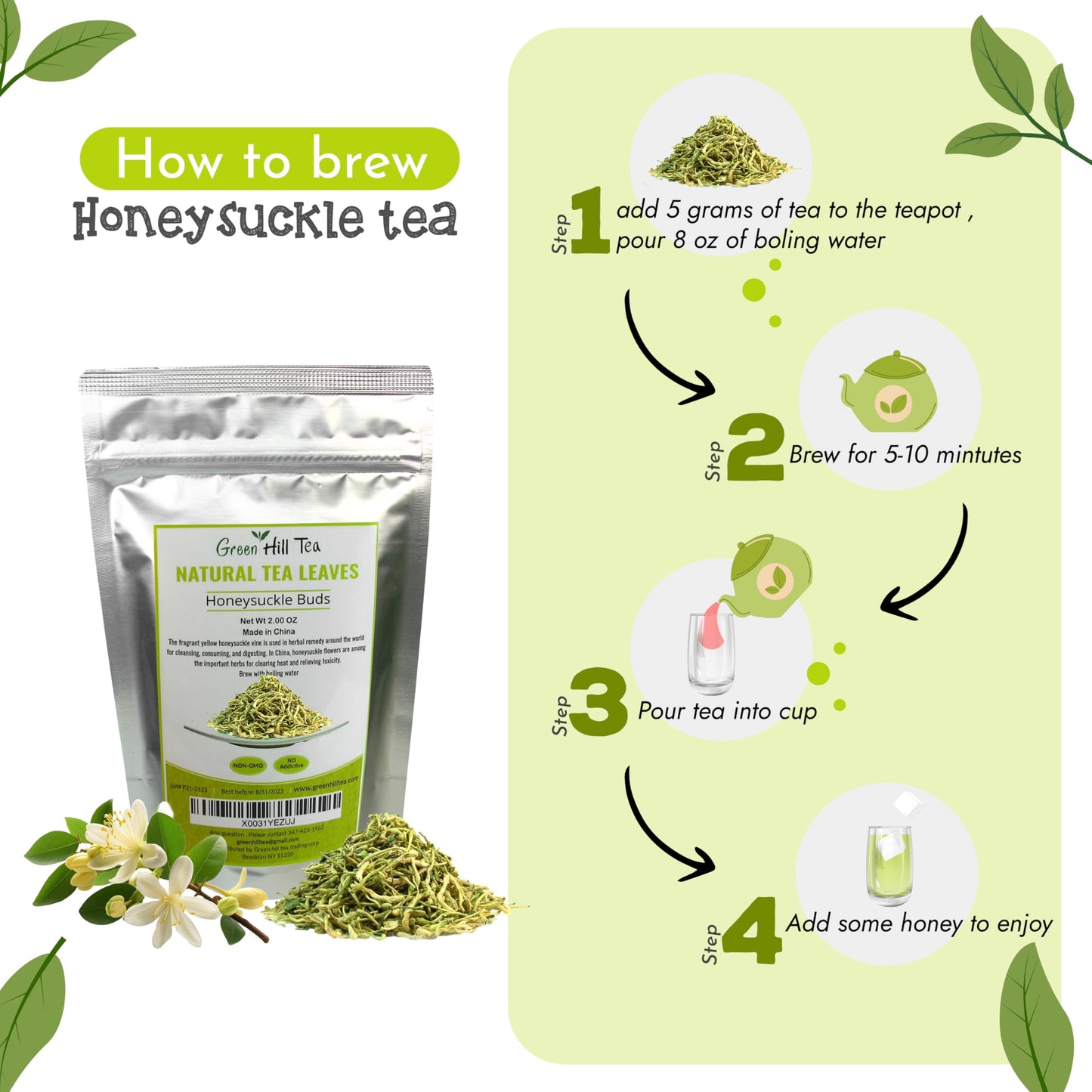 Greenhilltea traditional health herbs 2 OZ (56grams)  Honey suckle dried herbal tea honeysuckle buds  100% Natural  Caffeine free