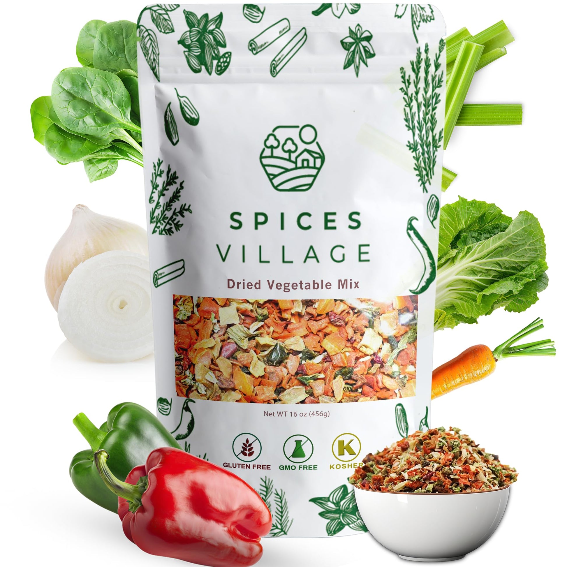 Spices Village Dried Ramen Toppings [ 1 Lb ] - Dehydrated Vegetables Mixed Vegetables Flakes, Mix Of Carrot, Onion, Red & Green