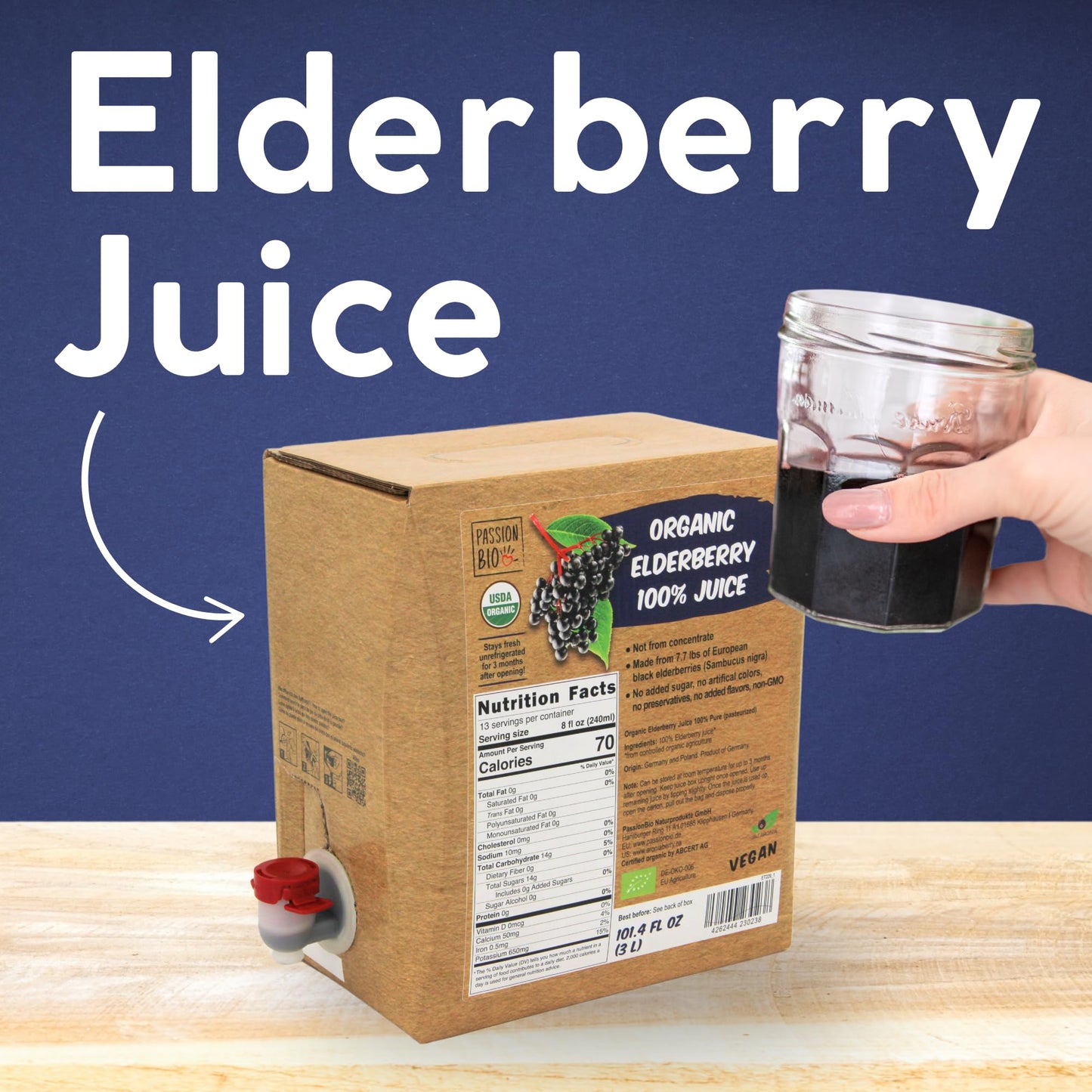Organic Elderberry Juice Box 101.4 Fl Oz | Pure Fruit Juice  Not From Concentrate | Organic  Vegan  Non-GMO | No Added Sugar  Easy-Pour Tap Packaging