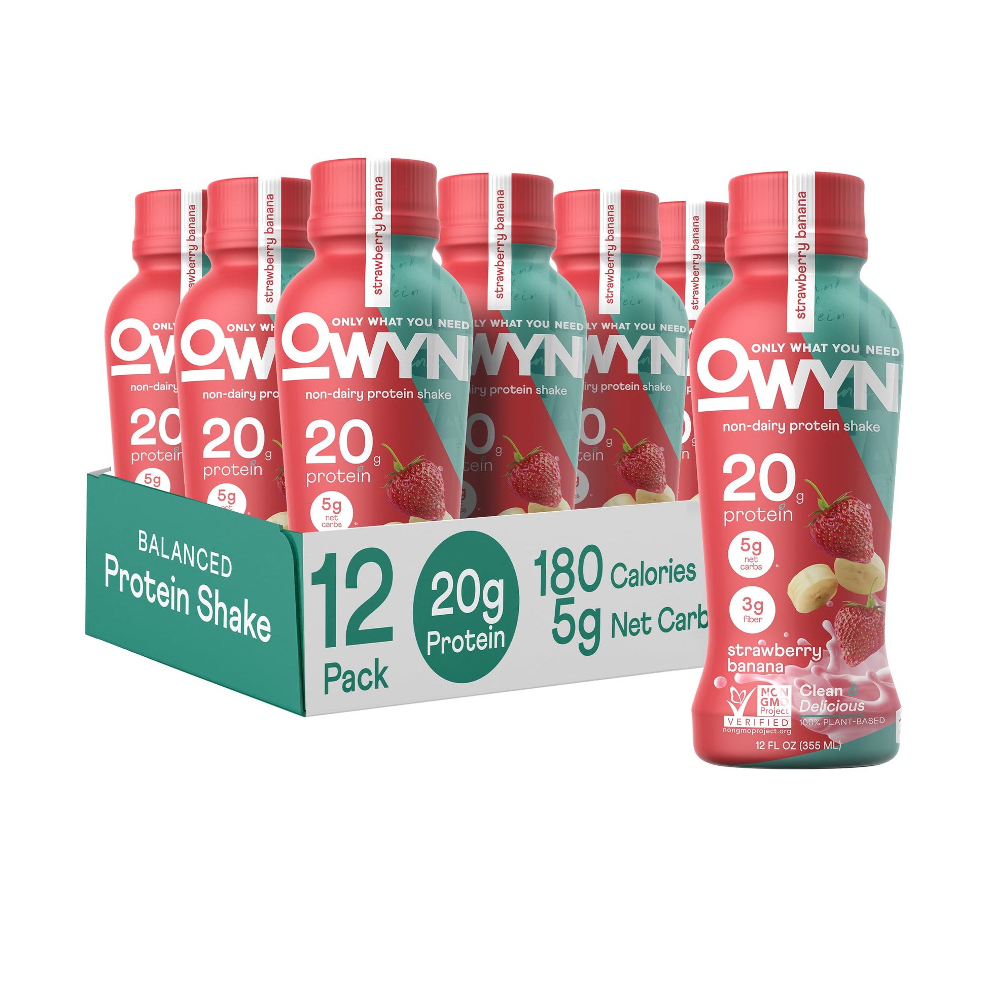 OWYN Strawberry Banana Flavored Protein Shake, 20g Protein, 4g Sugar, 3g Fiber, Dairy Free, Plant Based Protein Drink, 12 Count