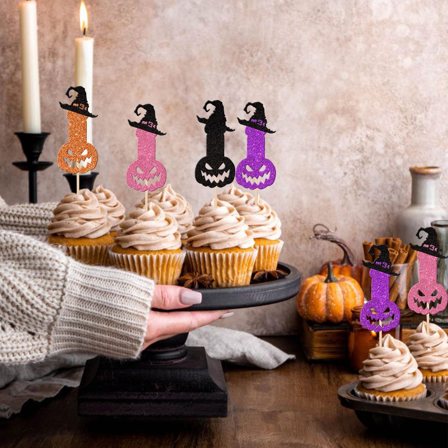 24 Pcs Halloween Bachelor Party Cupcake Toppers Glitter Ghost Witch Hat Bachelorette Cupcake Picks Hen Funny Party Cake Decorati
