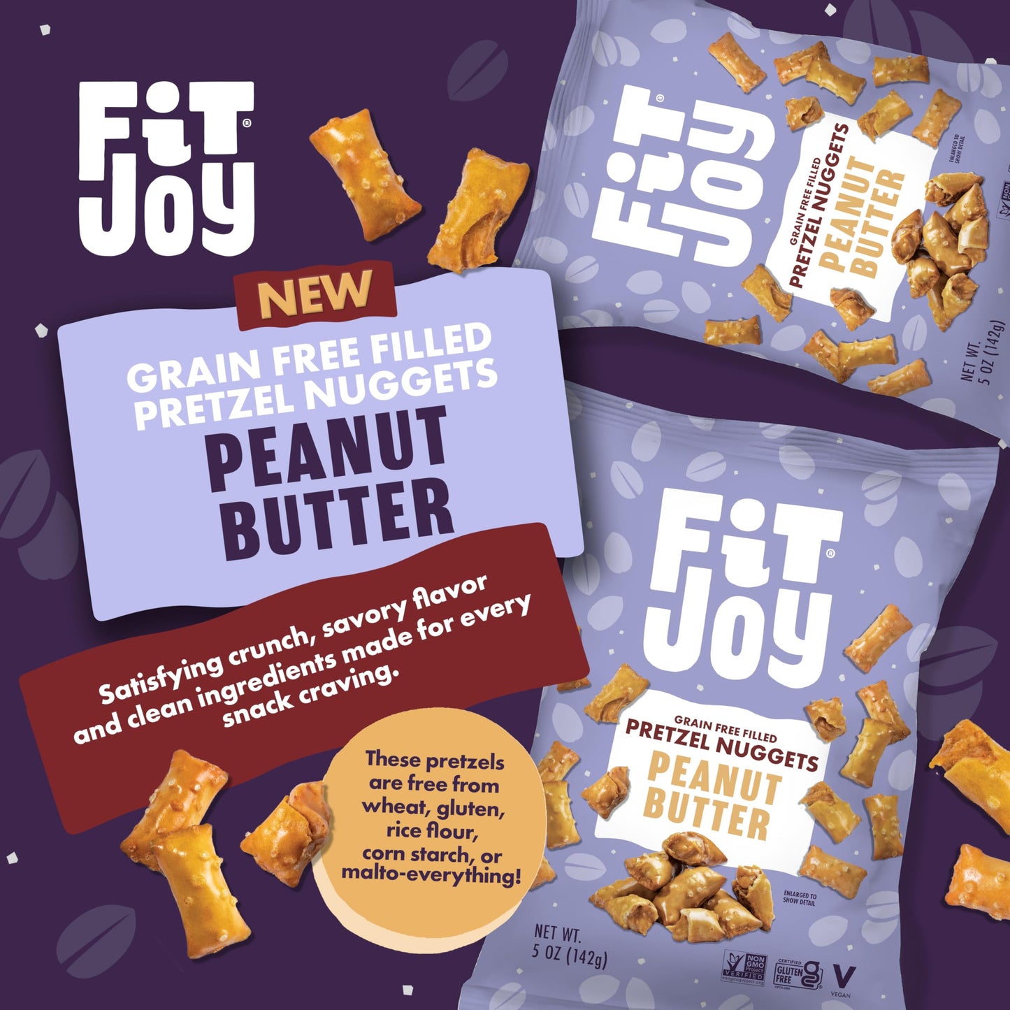 FitJoy Peanut Butter Filled Pretzel Nuggets (4 Pack, 5 Oz) - Gluten, Dairy & Corn Free Peanut Butter Snacks - Grain Free Cassava