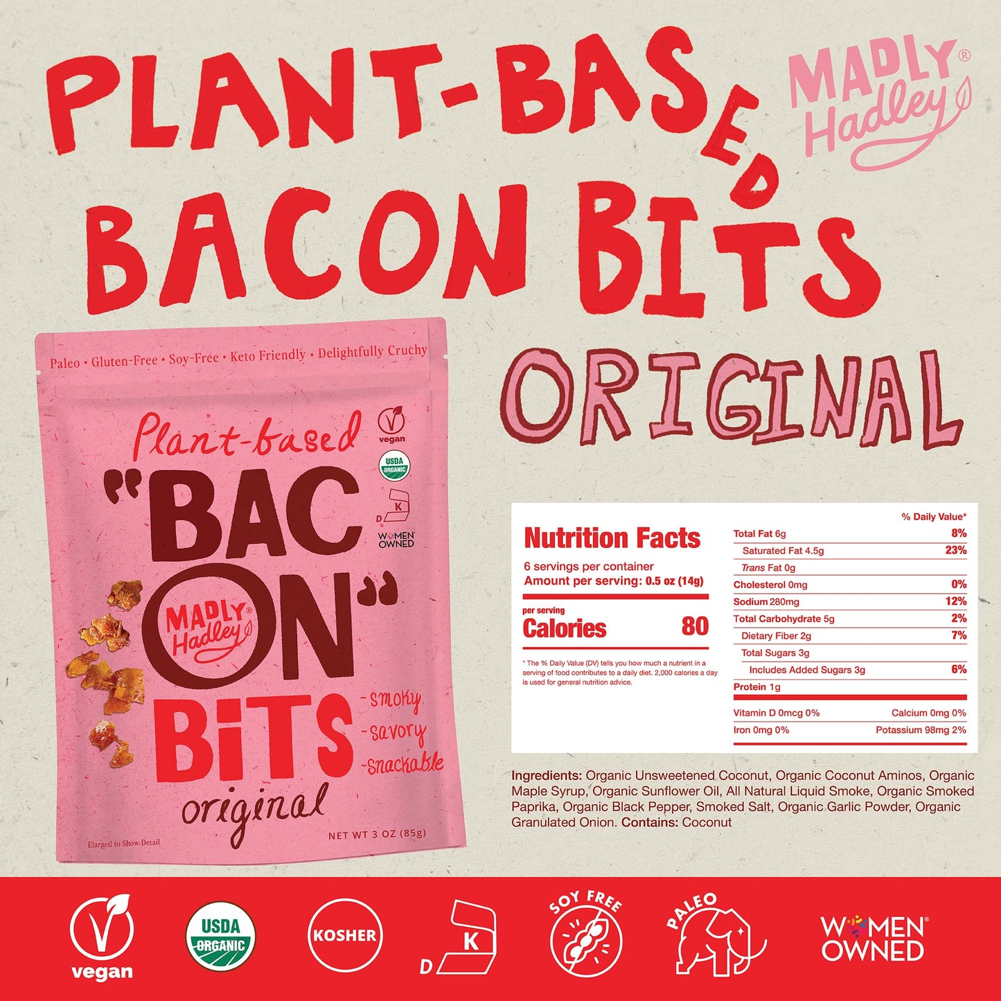 Madly Hadley Plant-Based Bacon Bits, Organic Vegan Snack, Gluten & Soy Free, 2 Packs of 3oz, Original Flavor