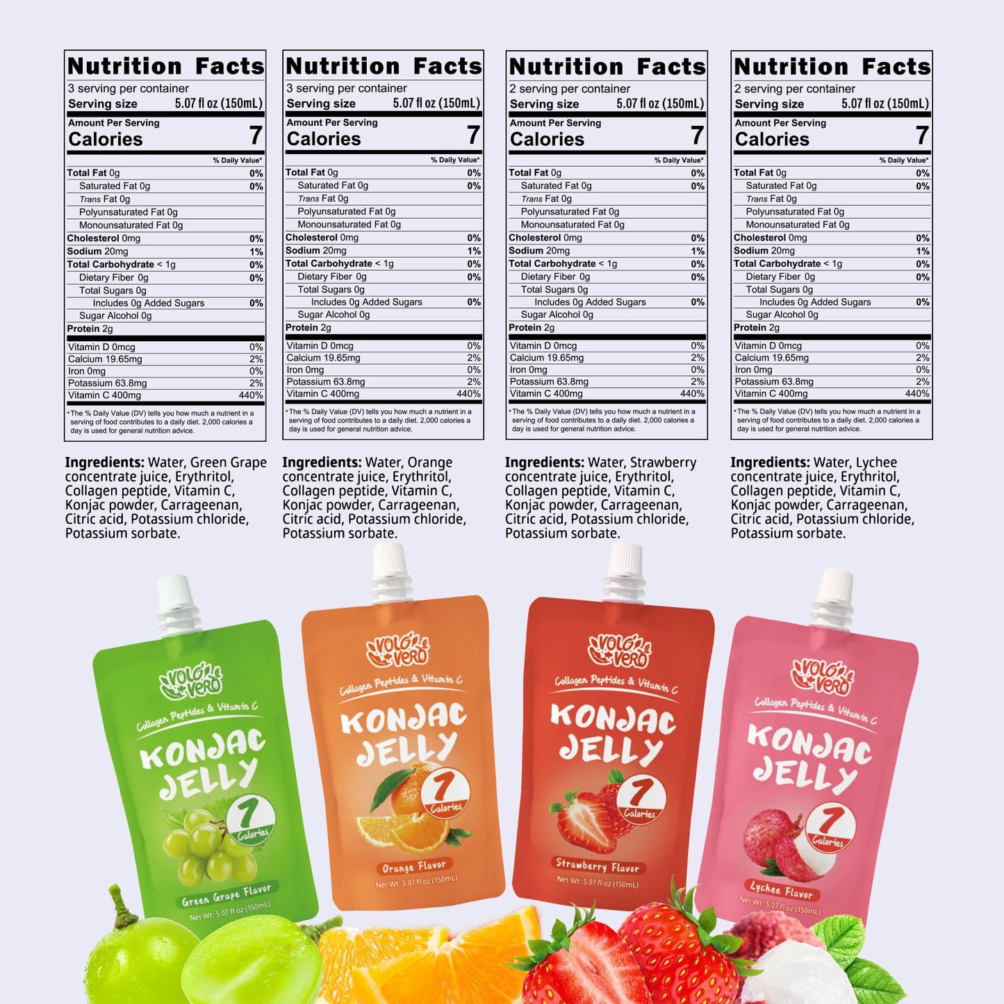 VOLO VERO Konjac Jelly Pouch Drinkable Variety Pack, 7 Calories, 10 Pack, 0 Sugar, Gluten Free, Keto, Collagen Peptides Healthy