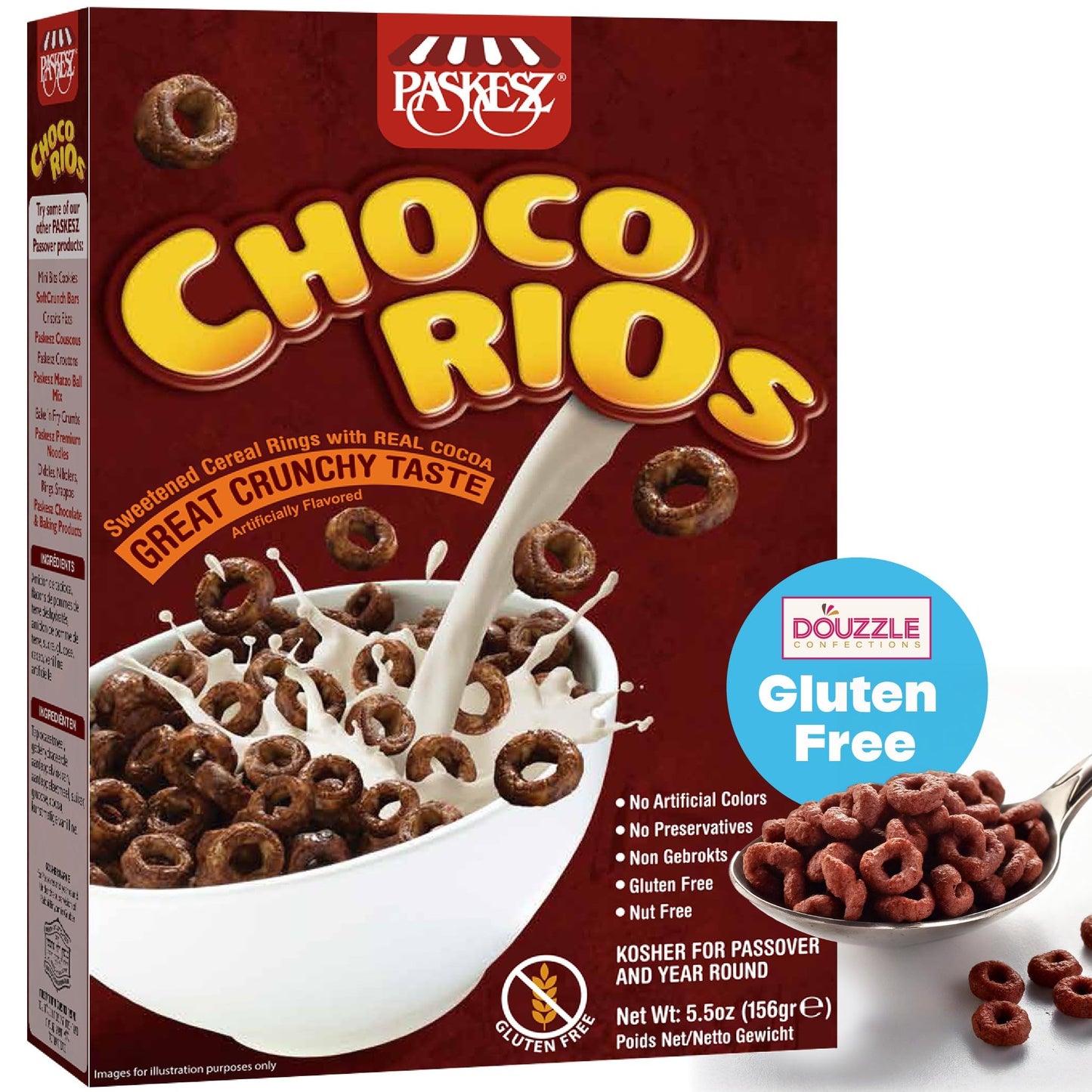 DOUzzle Gluten Free Choco Rios Breakfast Cereal, Sweetened Cocoa Rings (Pack of 1) Non Gebrokts Kosher for Passover Food Snacks 