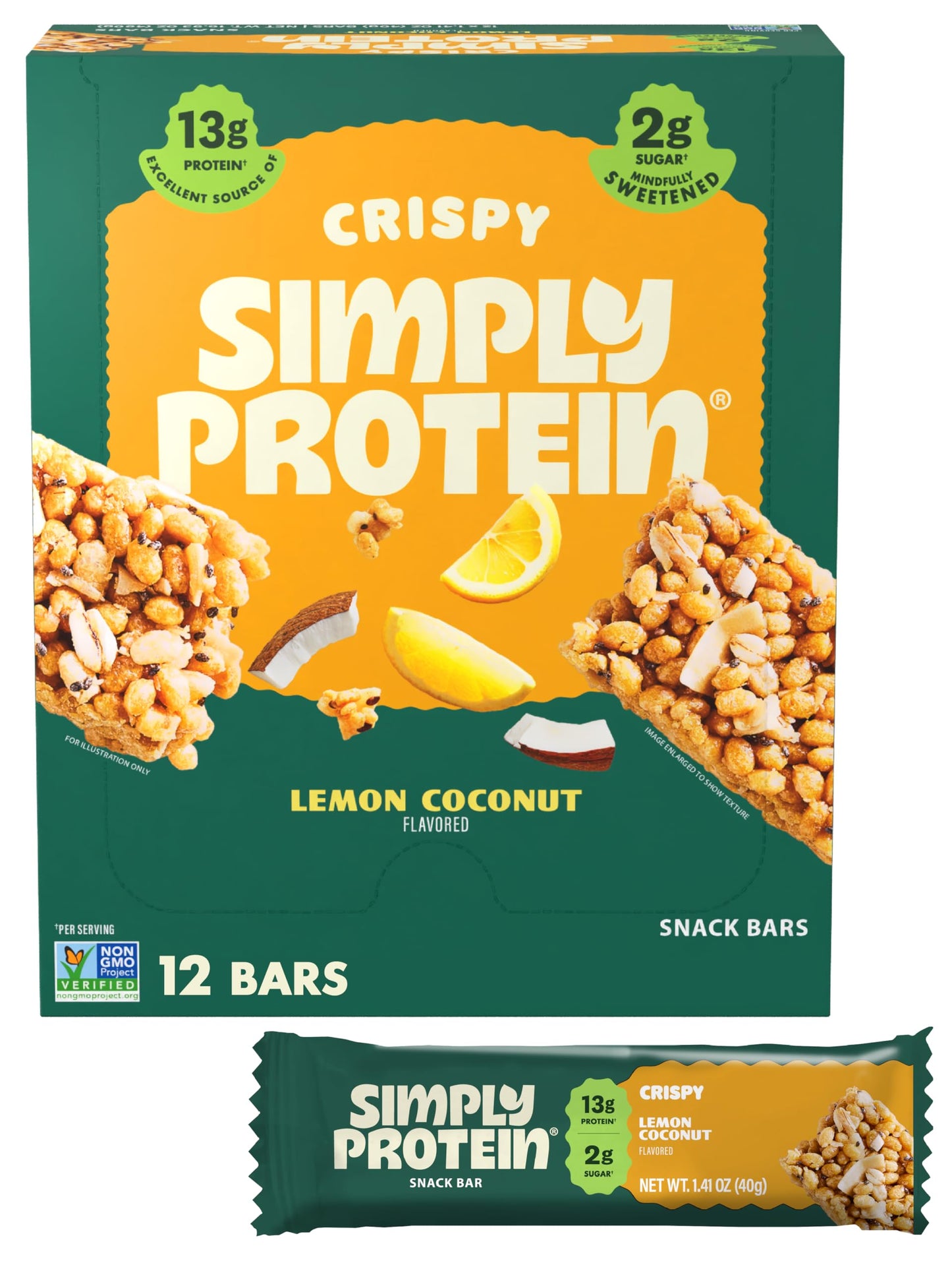 Simply Protein - Lemon Coconut Crispy Bars - Plant Based Protein Bars - Low Carb  Low Sugar  High Fiber - 13g Protein  2g Sugar  7g Fiber - Vegan  Gluten Free  Non GMO  Kosher - 12 Bars
