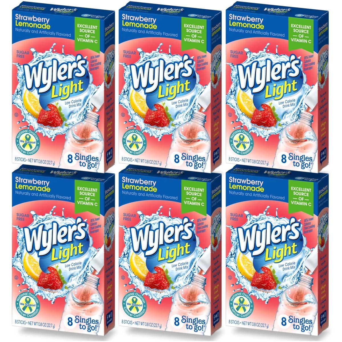 Wyler's Light Singles To Go (6 Pack), Strawberry Lemonade Water Drink Mix, 48 Total Powder Drink Mix Packets