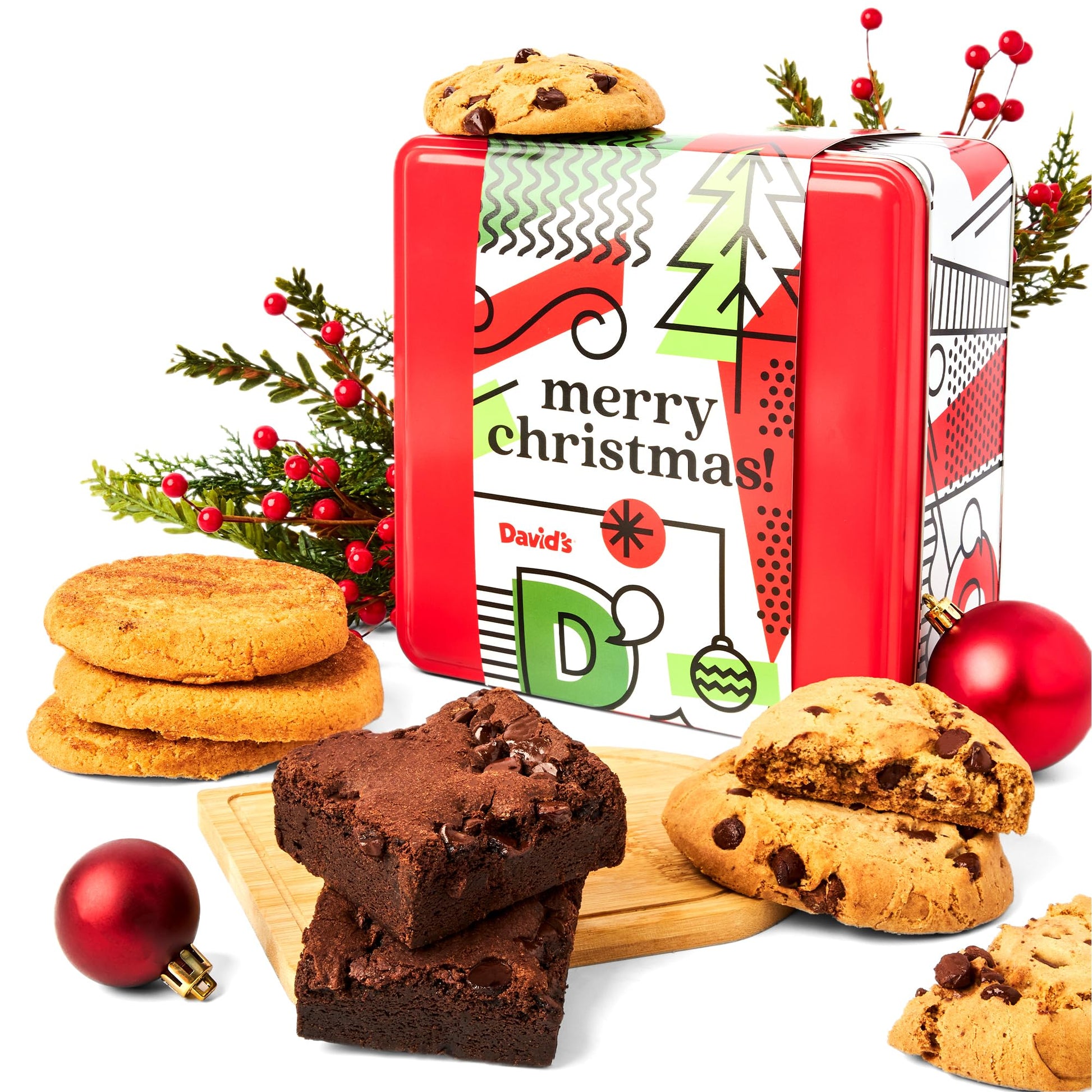 Davids Cookies Merry Christmas Cookie & Brownie Tin - Gourmet Gluten-Free Snacks, 2lbs, Perfect Holiday Gift