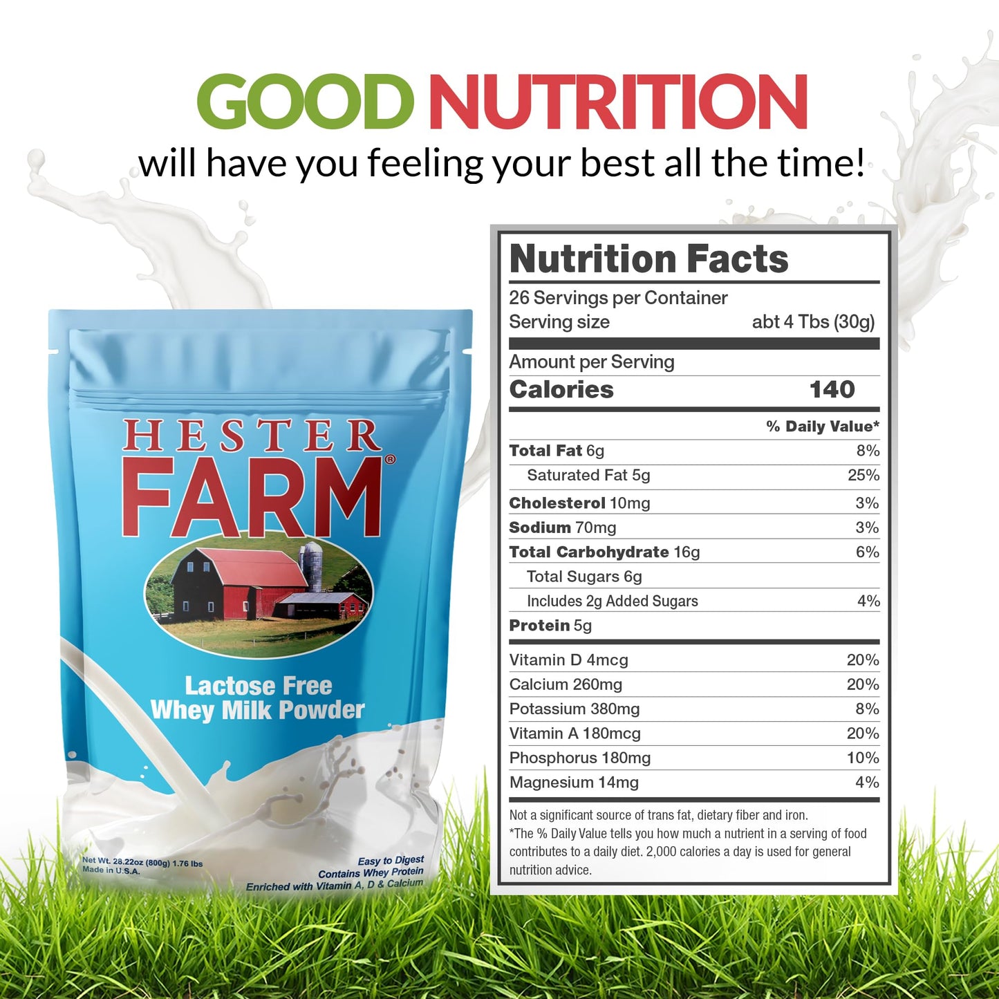 Hester FARM Lactose Free Whey Milk Powder, Lactose Free Milk Product, for Kids and Adults, for Drinking, Cooking, Baking, 800g M