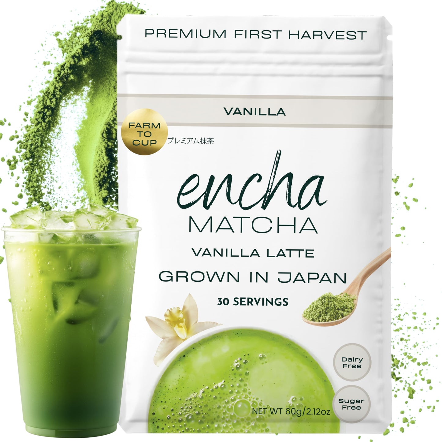Encha Matcha Latte Powder - Vanilla Matcha Powder - First Harvest - Top-Grade Japanese Macha - 60G / 2.12Oz