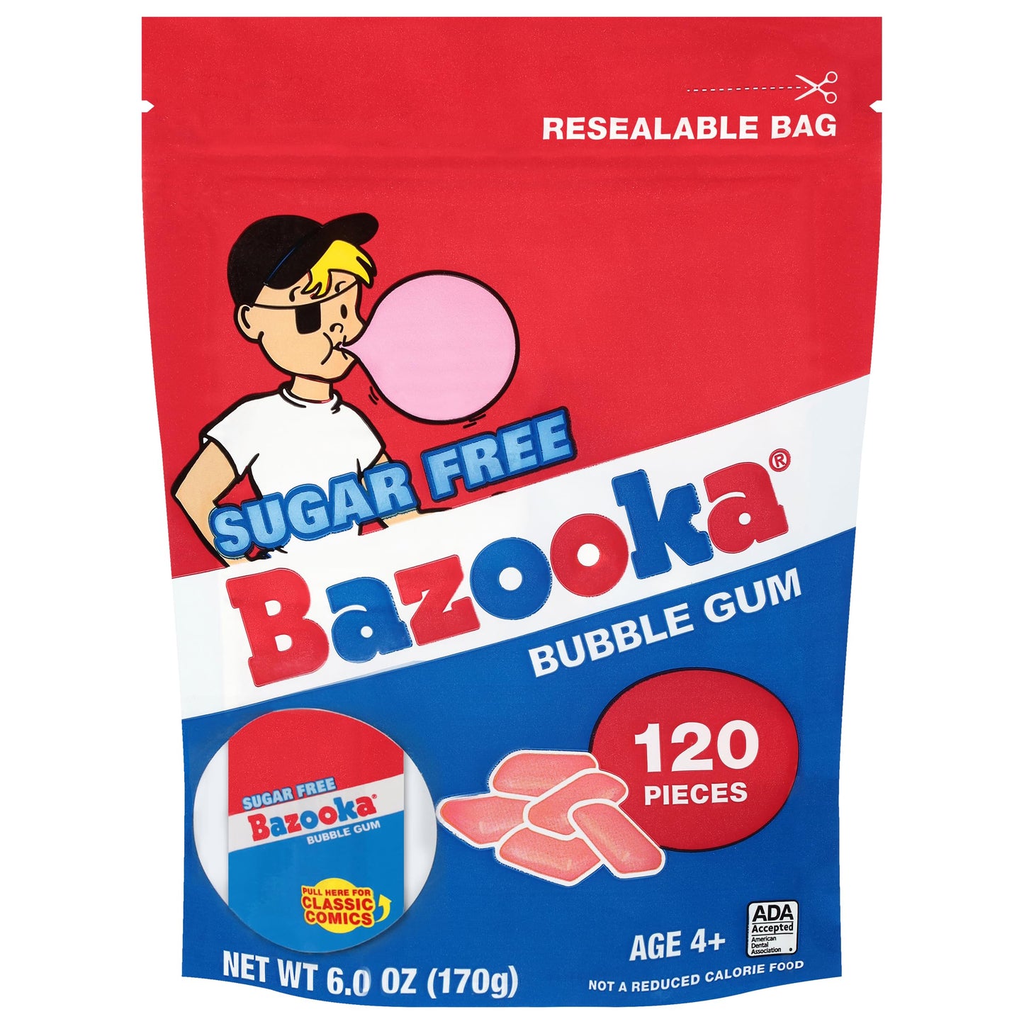 Bazooka Bubble Gum project pieces, Sugar-Free, 120 Ct, Pink Flavor, Resealable Bag, Model 20305