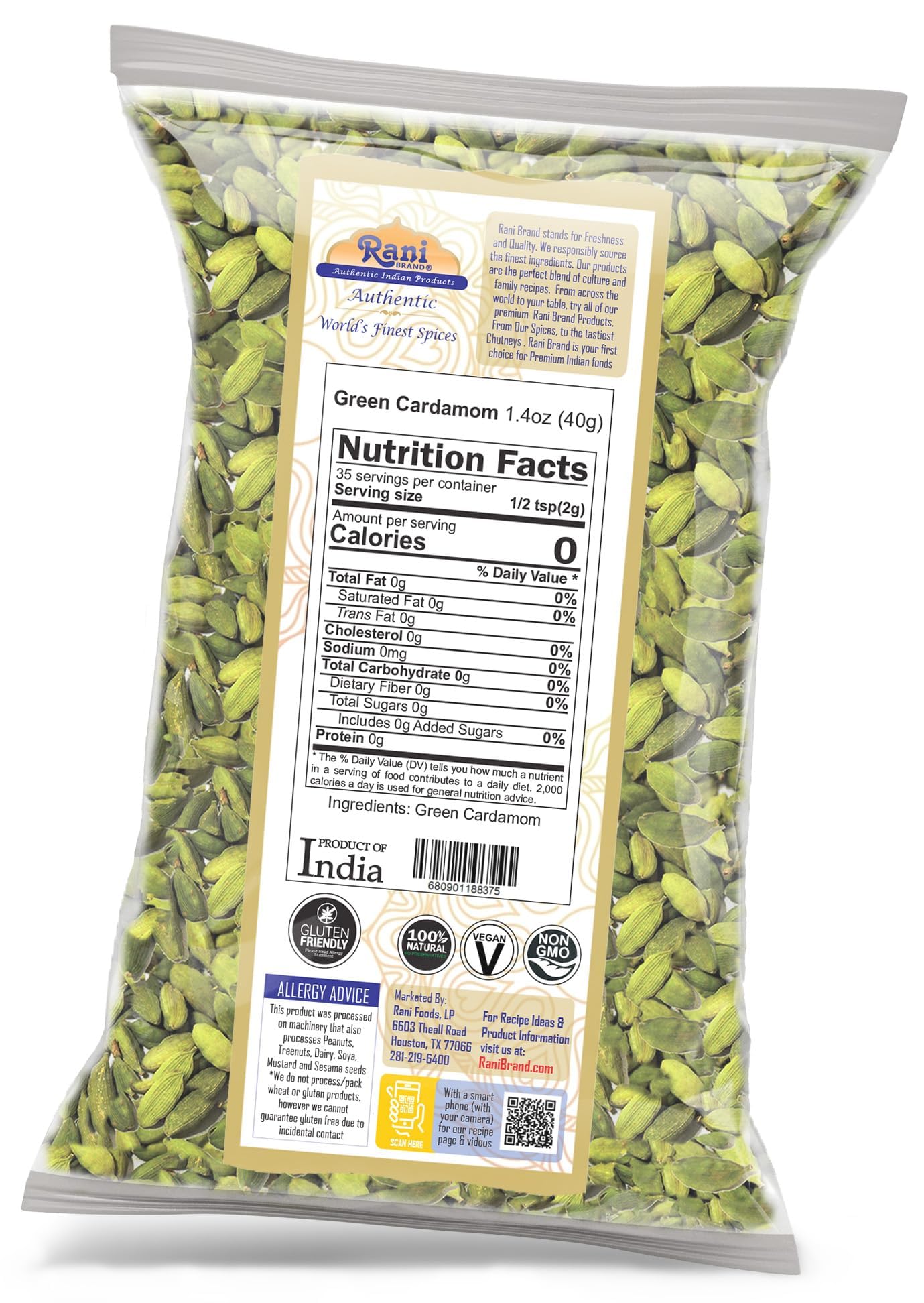 Rani Green Cardamom Pods Spice (Hari Elachi) 1.4oz (40g) ~ All Natural | Vegan | Gluten Friendly | NON-GMO | Kosher | Product of