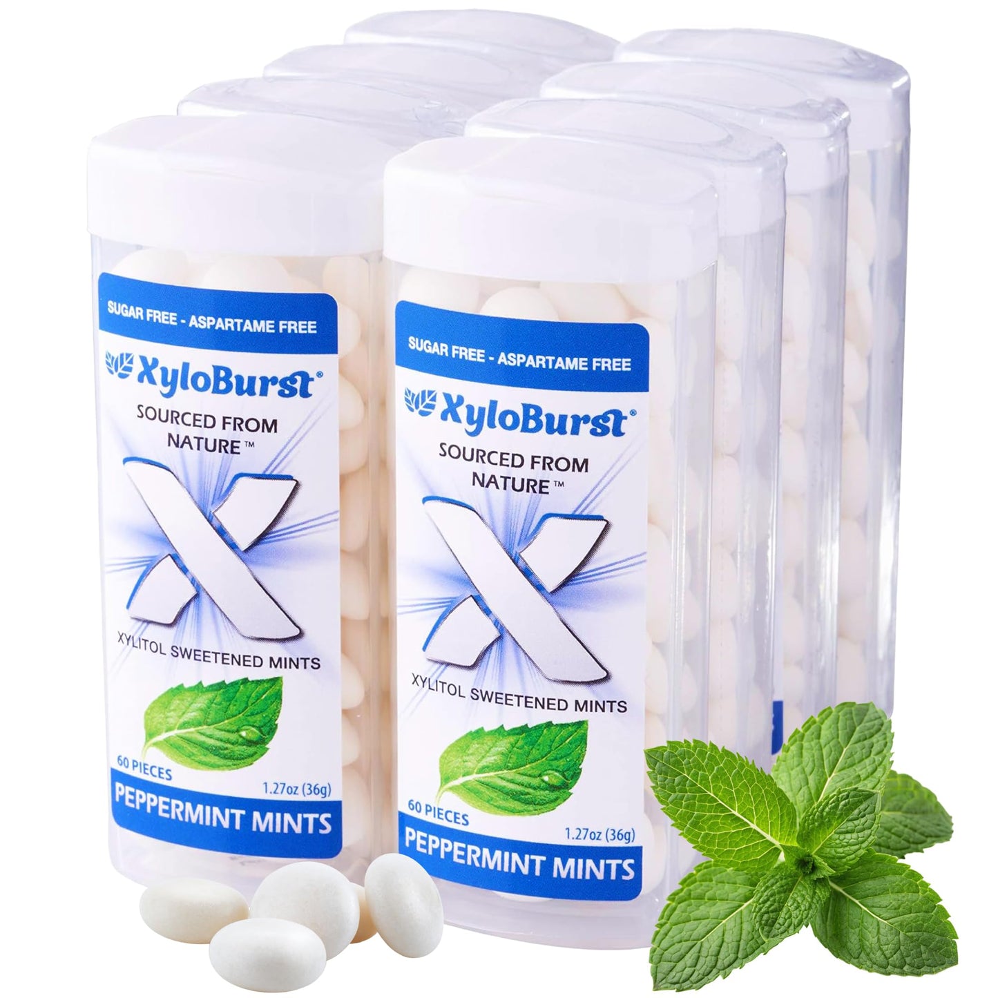 Xyloburst Xylitol Mints - Sugar Free, Vegan, Keto Friendly, Peppermint, 60 Count Jar, 8-Pack