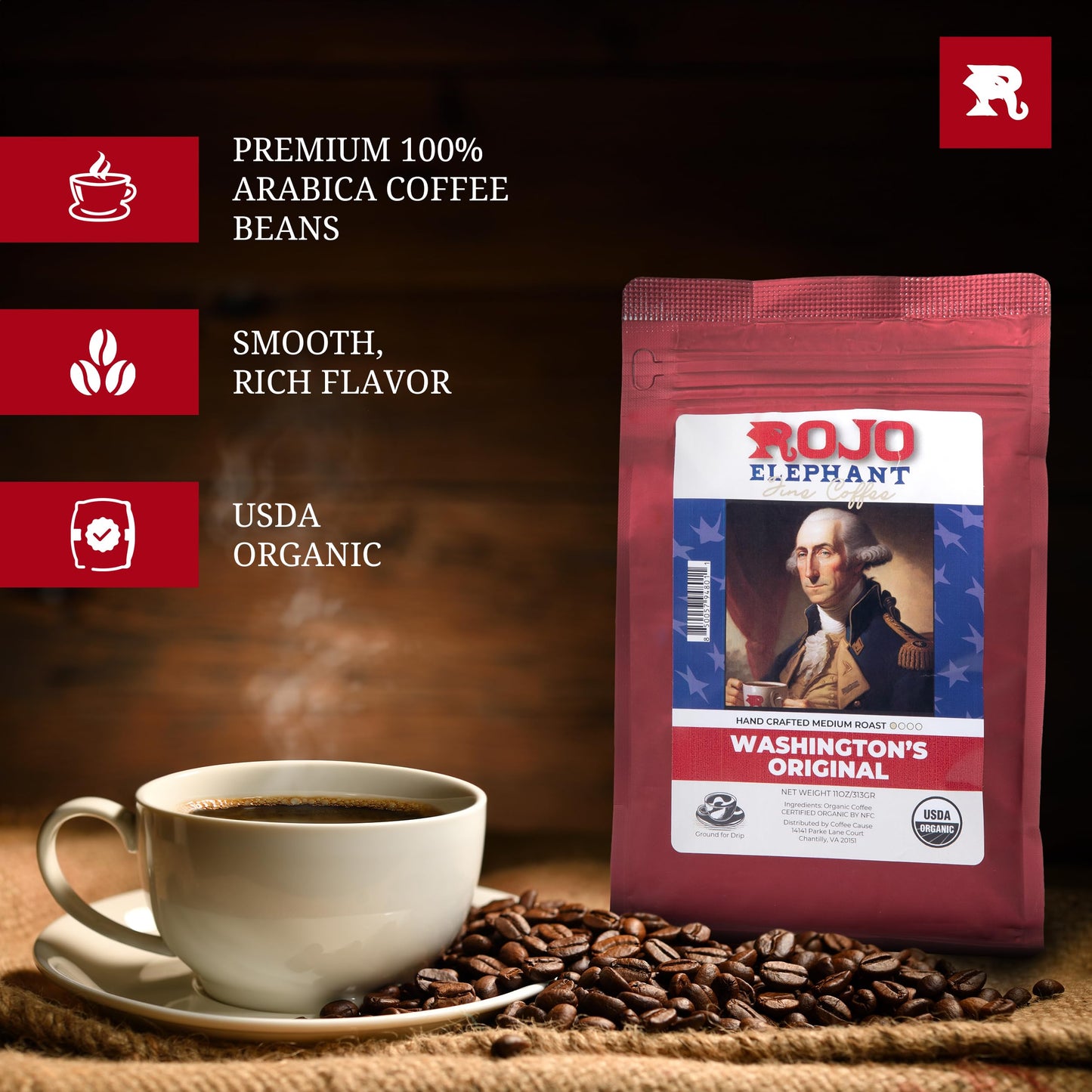Rojo Elephant Washington Original Handcrafted Ground Coffee, Made From 100% Arabica Beans, Premium Medium Roast, Smooth, Rich Fl