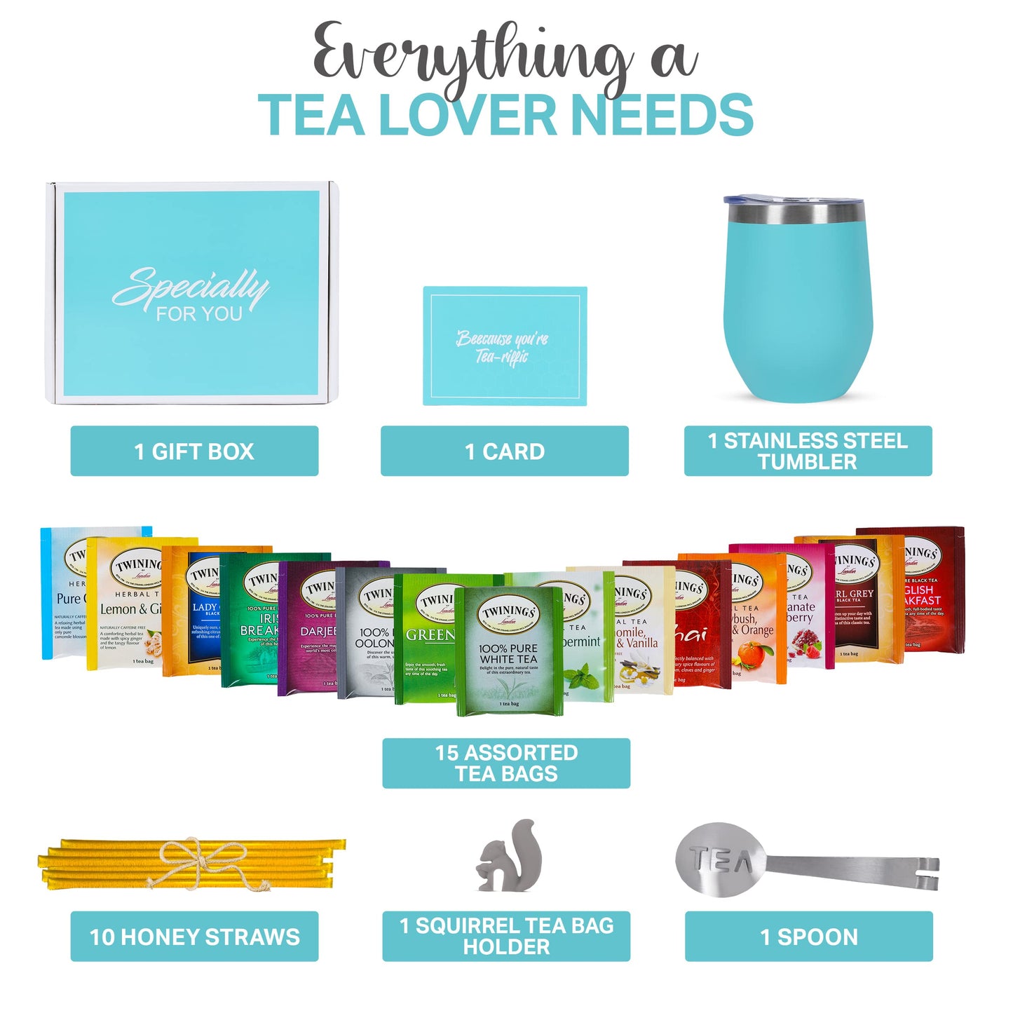 Modern Elegance Tea Tumbler Gift Set – Includes Tea Bag Holder, Spoon, Honey Straw, 15 Assorted Flavor Blends & Hot & Cold 12Oz Insulated Tumbler – Ideal For Holiday Gift For Tea Lovers – Teal