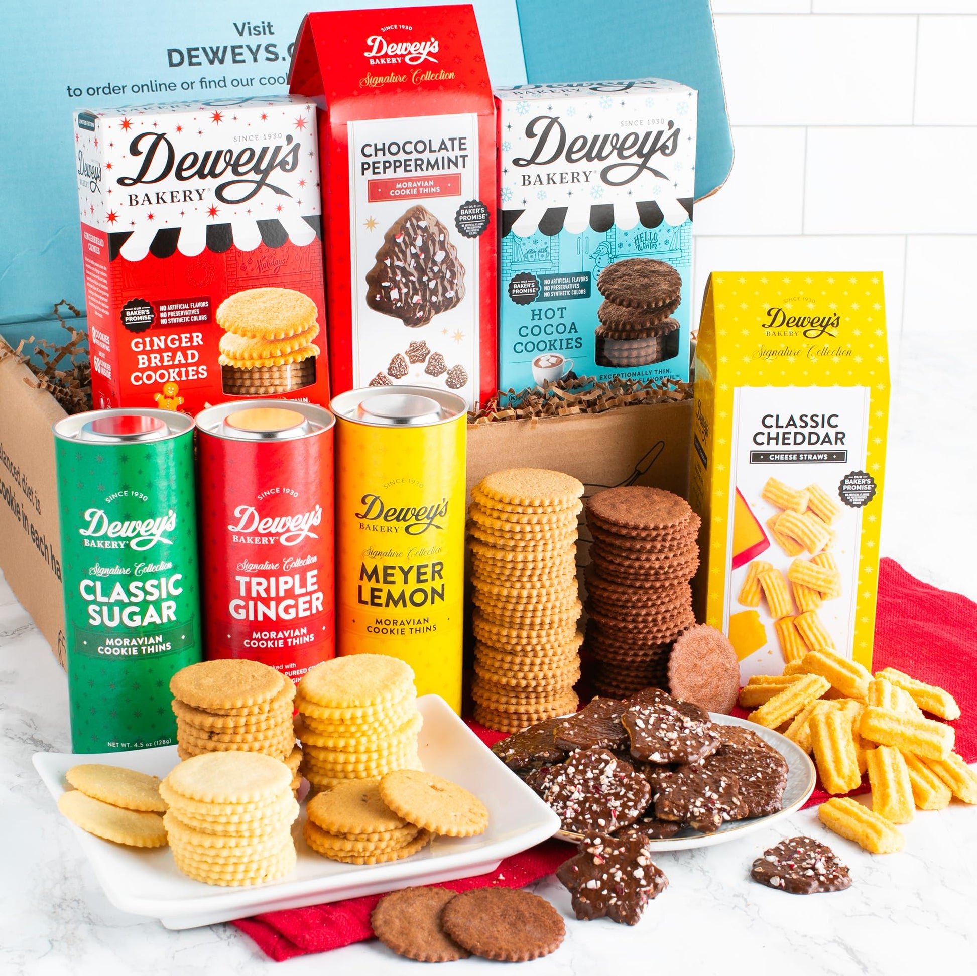 Deweys Bakery Santas Snacks Gift Basket | 7-Piece Holiday Treats with Moravia Cookies, Chocolate Peppermint Cookies & Cheddar Cheese Straws