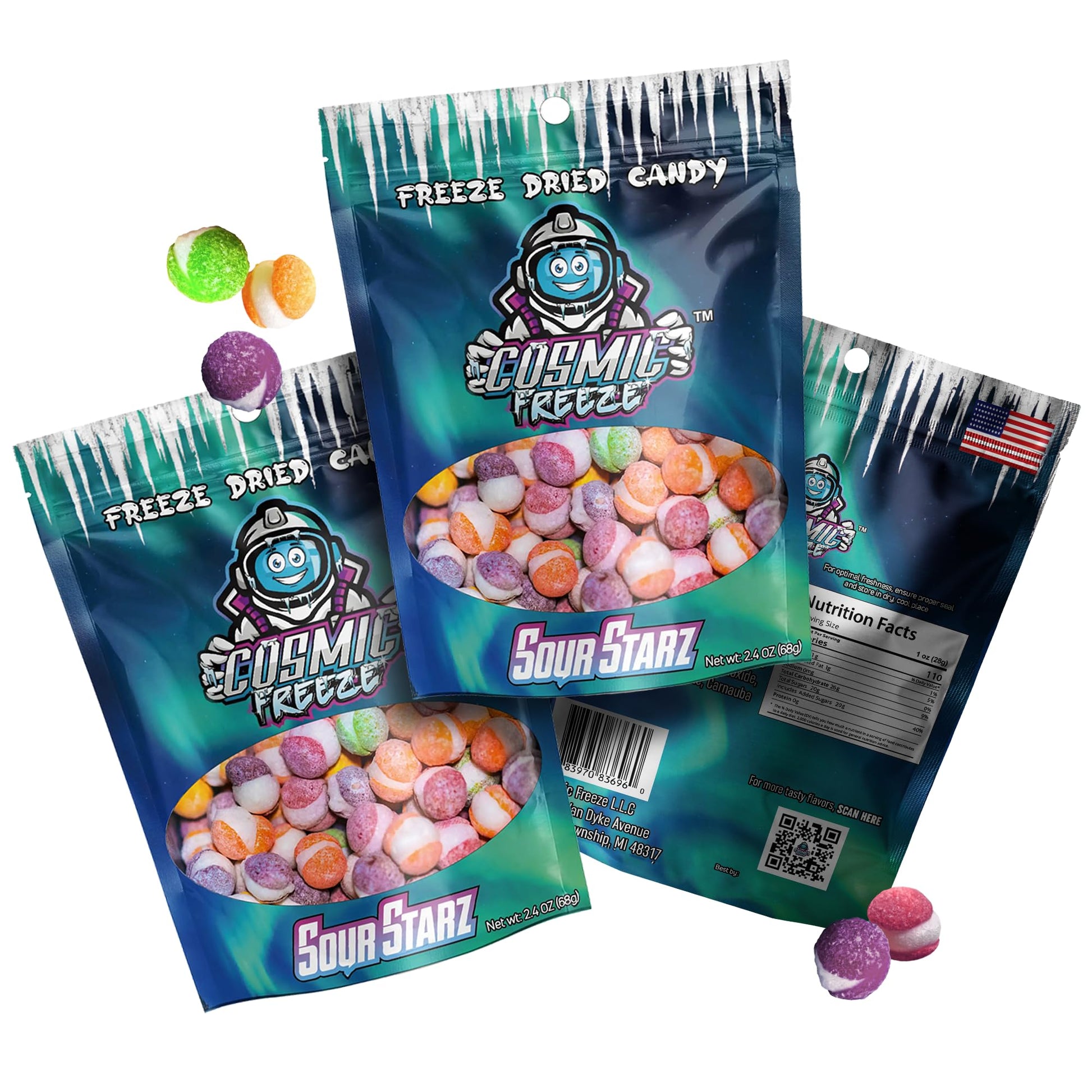 Cosmic Freeze Sour Starz Dried Candy, Crunchy Dry Candy for Mix-In Snacks Dried, Gluten-Free, Made in USA, 2.4 Oz, 3-pack