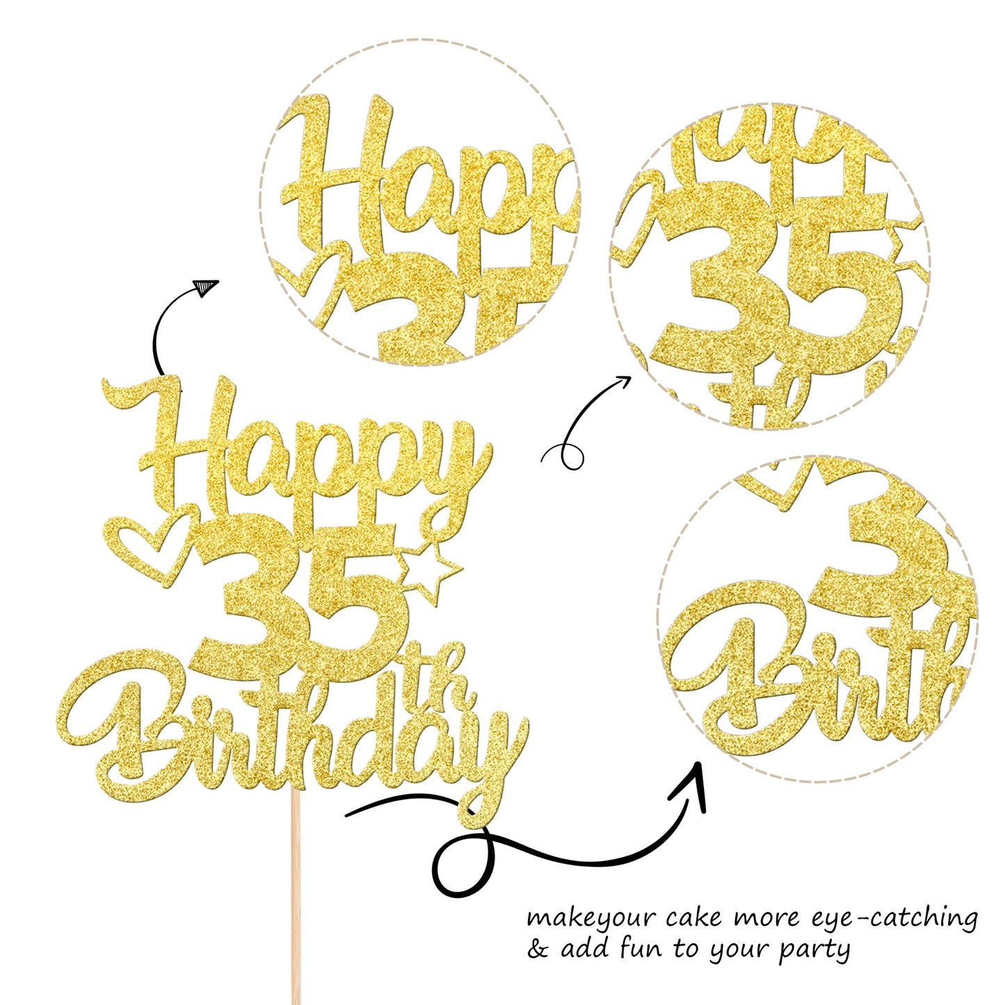 YCTHUNFISH 35th Birthday Cake Topper Glitter Heart Star Gold Bamboo Decoration