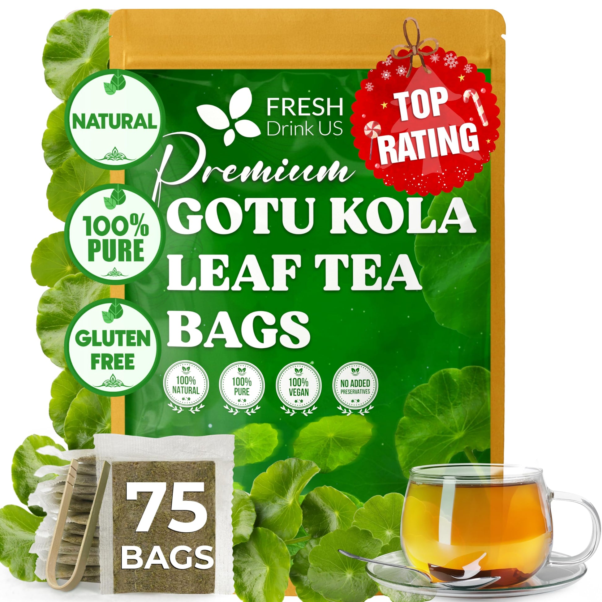 Freshdrinkus  Top-Grade Gotu Kola Leaf Tea - 75 Tea Bags | Pure Dried Centella Asiatica Leaves | Naturally Energy Blend-Free Herbal Tea | Refreshing Aroma & Smooth Taste | Top-Grade Herbal Infusion. Vegan
