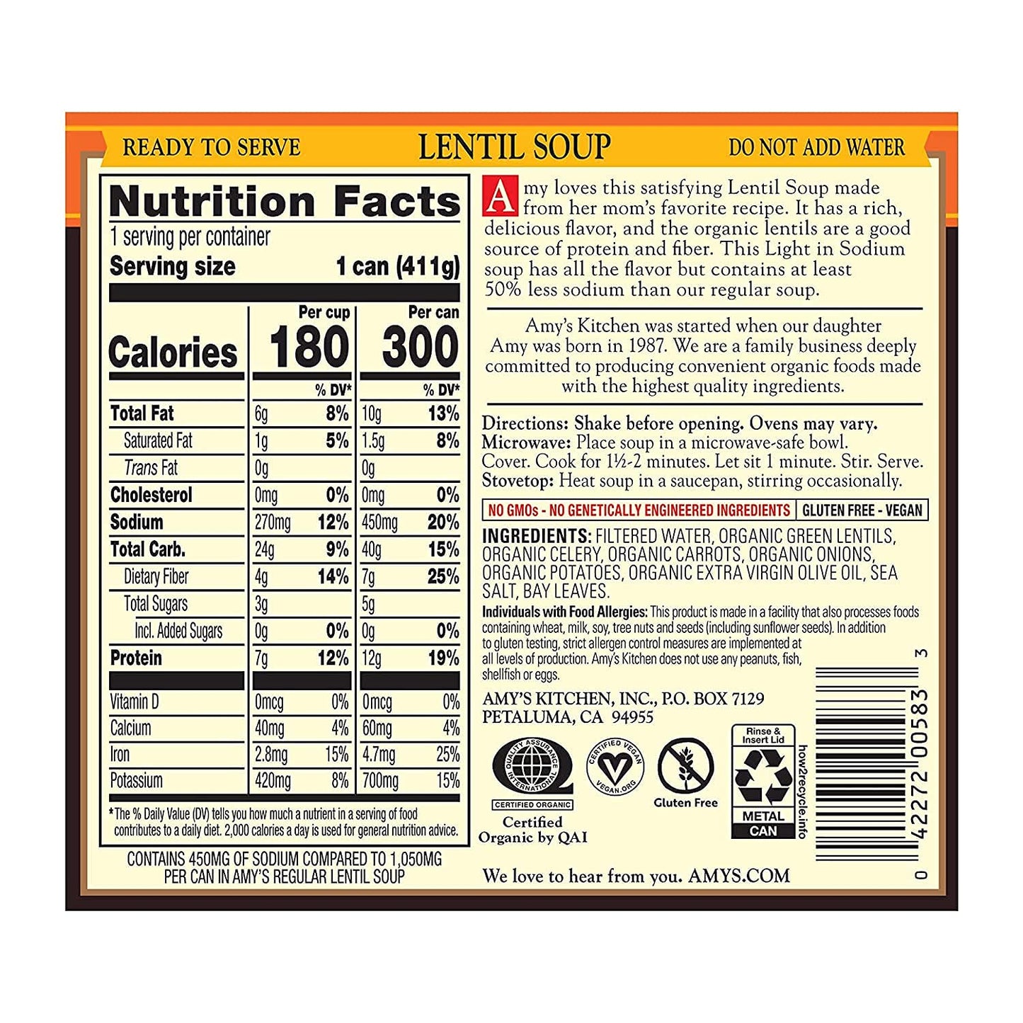Amy’S Soup, Vegan Lentil Soup, Light In Sodium, Gluten Free, Made With Organic Green Lentils And Vegetables, Canned Soup, 14.5 Oz (12 Pack)