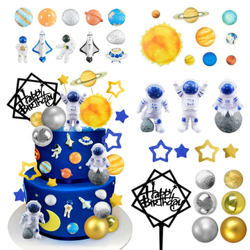 40Pcs Astronaut Space Cake Toppers Outer Space Astronaut Figurine Meteorite Planet Rocket Stars And Gold Silver Ball Space Theme